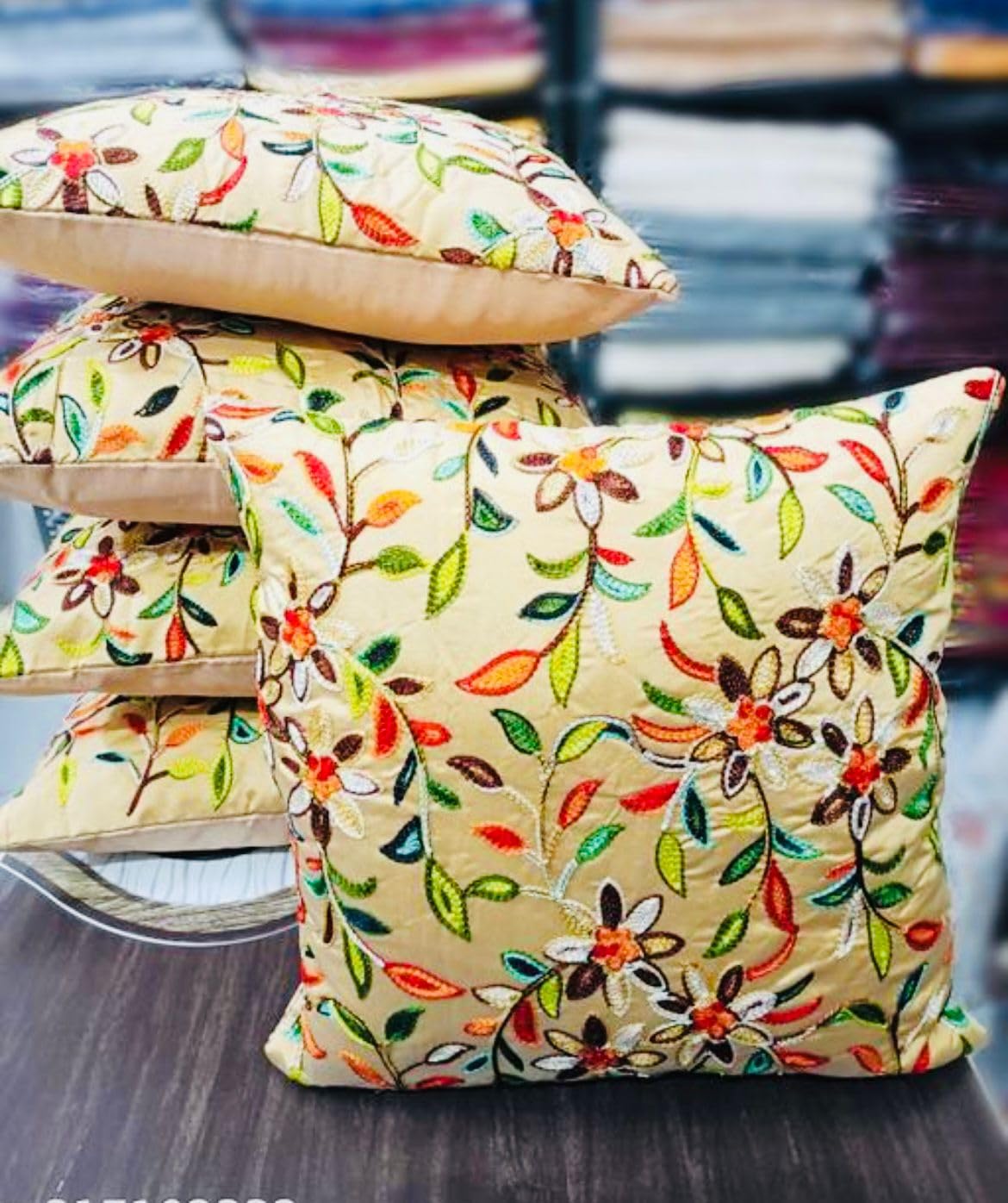 BALLEY KashmiriEmb Flower Pack of 5 16×16-Inch Cushion Covers for Luxurious Comfort and Décor 16x16 inches (Yellow)