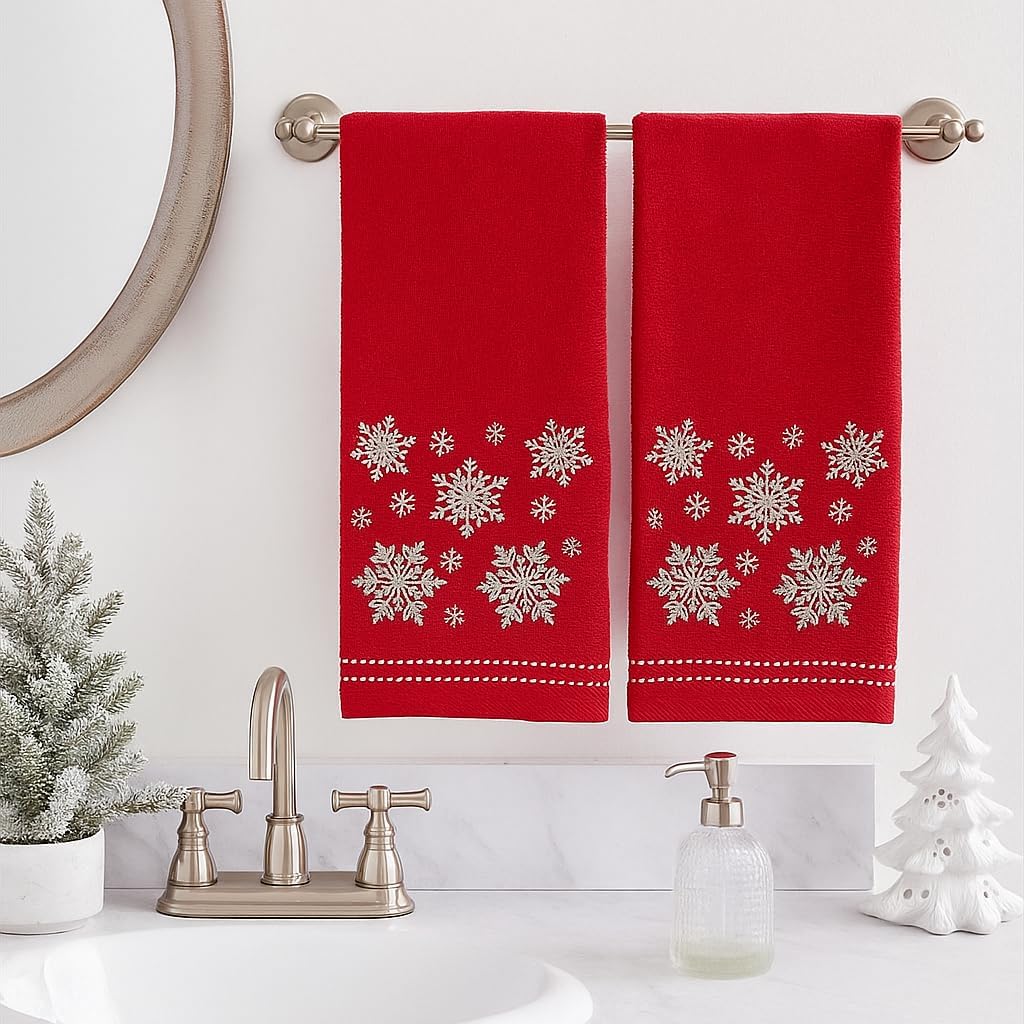 Serafina Home Christmas Bathroom Hand Towels- Set of 2 Red Embroidered White Snowflakes Design-16 x 25" Bath & Kitchen Decor - Image 4