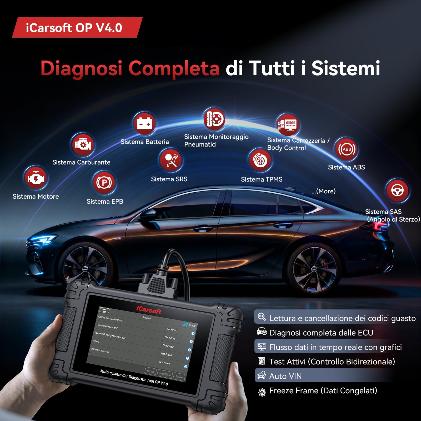 iCarsoft OP V4.0 OBD2 Auto Diagnostica per Opel/Vauxhall + 2 Marche Opzionali, Diagnosi Auto Professionale in Italiano Tutti i Sistemi, 34 Servizi, Test Bidirezionale, Auto VIN, Aggiornamento WiFi