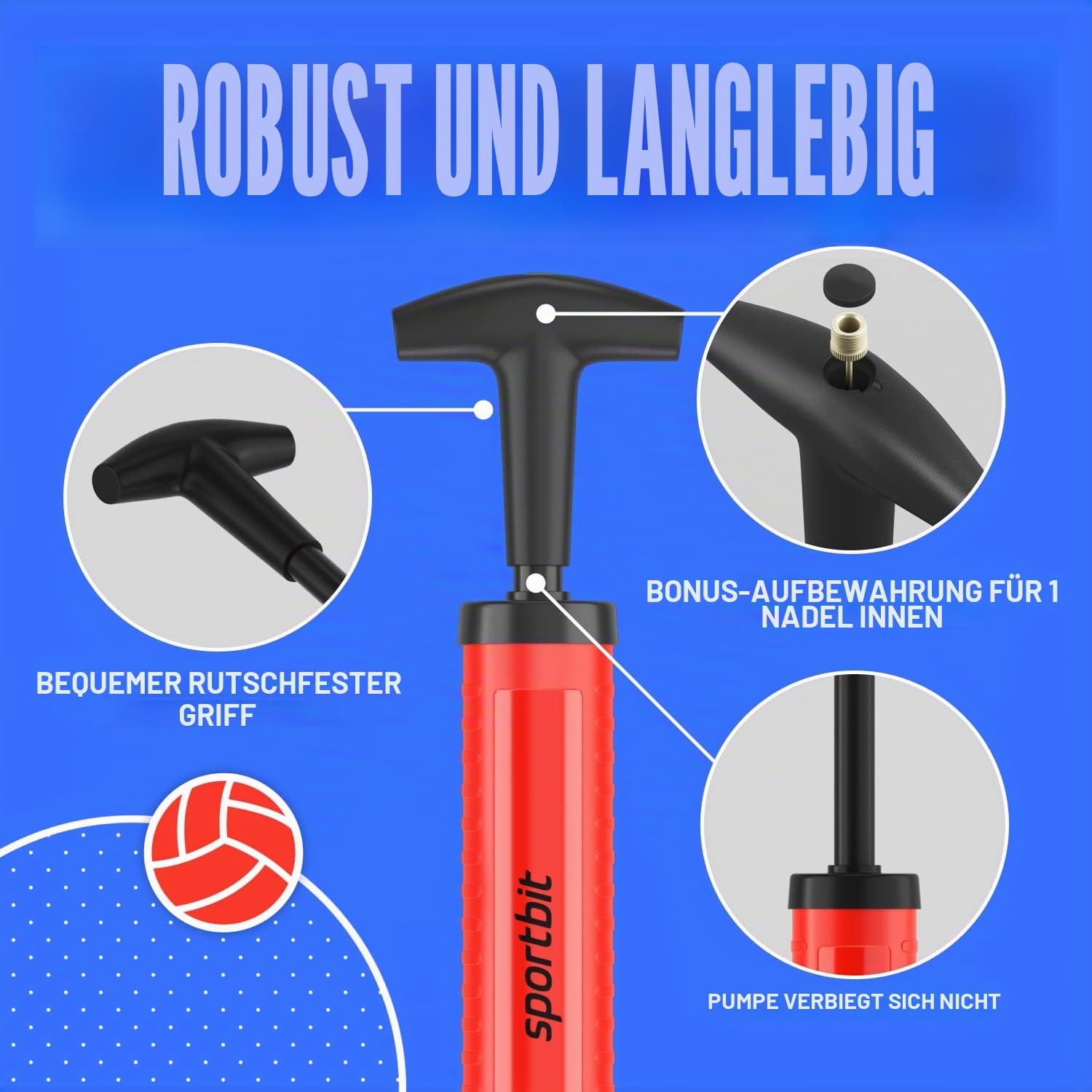SPORTBIT Ballpumpe für Sportbälle – Basketballpumpe für Sportbälle – Fußball- & Volleyballpumpe, Basketball, Schwimm-Inflatables – Handluftpumpe mit 3 Nadeln, Düse, Verlängerungsschlauch, Tasche