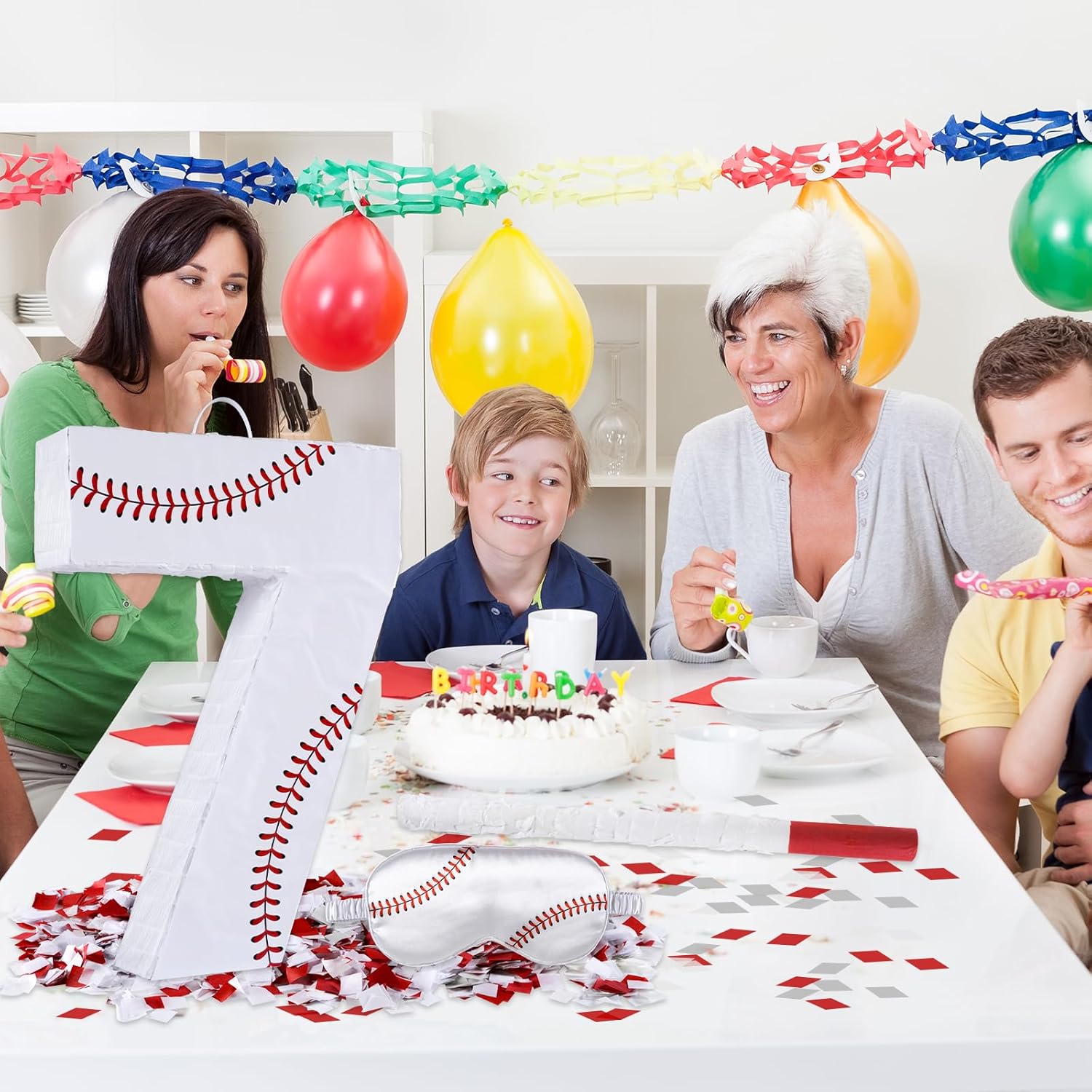 Baseball Birthday Decorations, Baseball Number 7 Piñata with Blindfold Stick Blindfold Confetti for Baseball Pinata Sports Theme 7th Birthday Party Supplies (7TH)