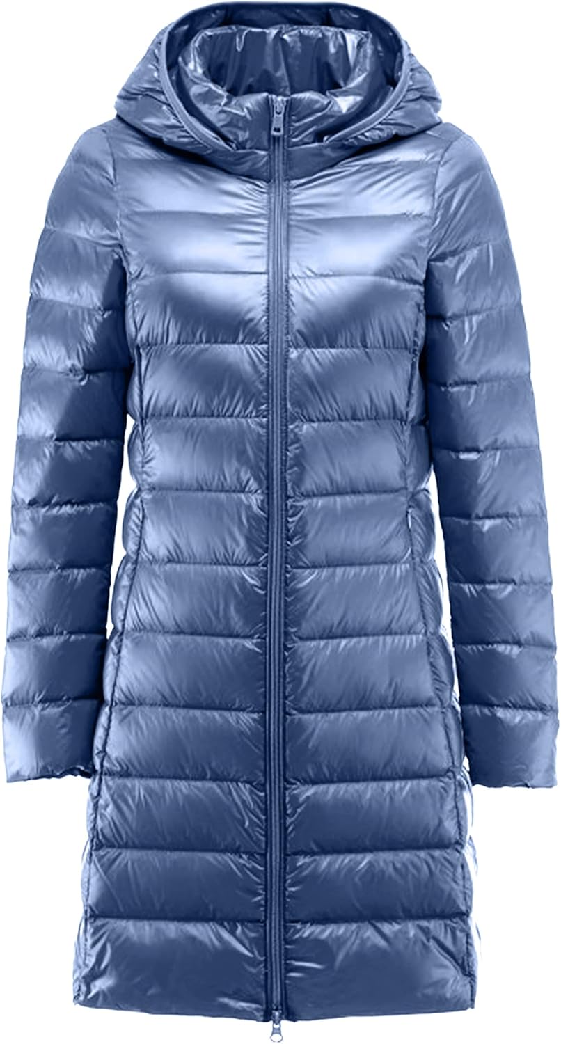 WIWIQS Women's Winter Warm Long Ultra Light Down Jacket Solid Color Packable Detachable Hooded Down Coat