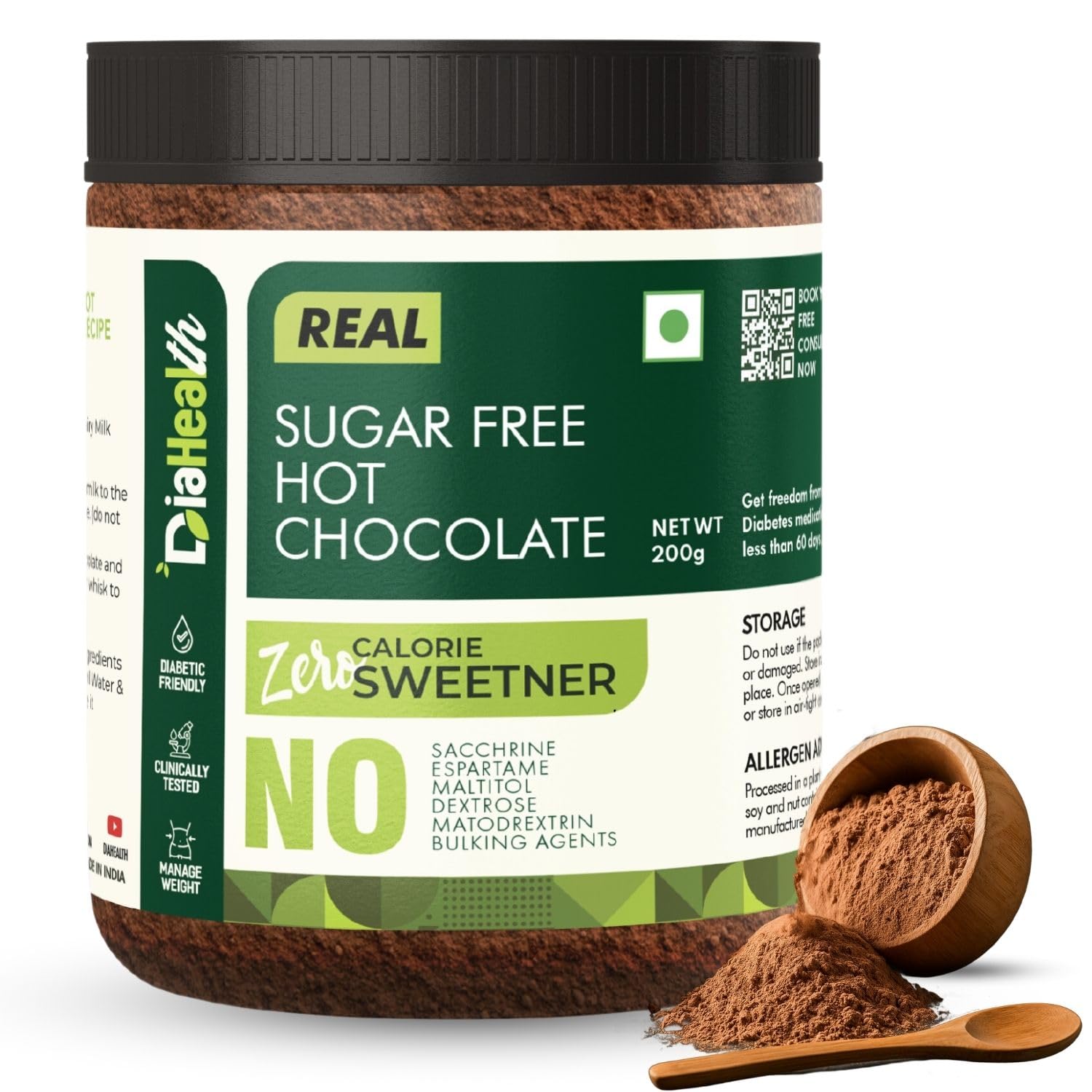 Diahealth Diabetic Care Hot-Chocolate, 200 Gms, 1 Pack, Low Glycemix Index () & High Protein/Serv, Taste Just Like, Ultra Low Carb, Pre-Biotic High Fibre, For Diabetics And Weight Loss