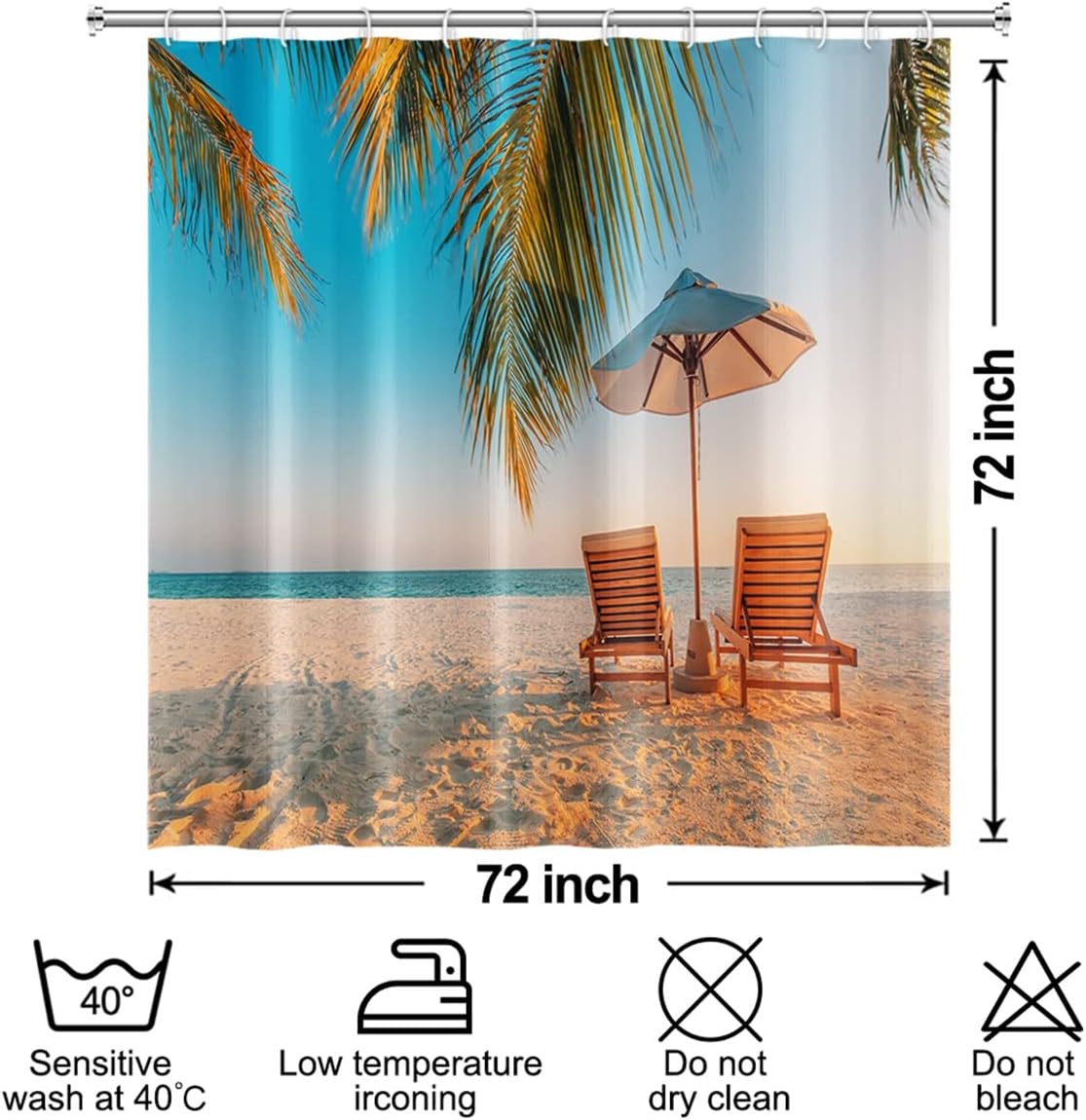 Sea Beach Shower Curtain Summer Vocation Recliners Sunset Scenery Bathroom Curtain with Hooks Green Palm Leaves Blue Sky Polyester Fabric Shower Curtains for Boy Girl 72x72 inches