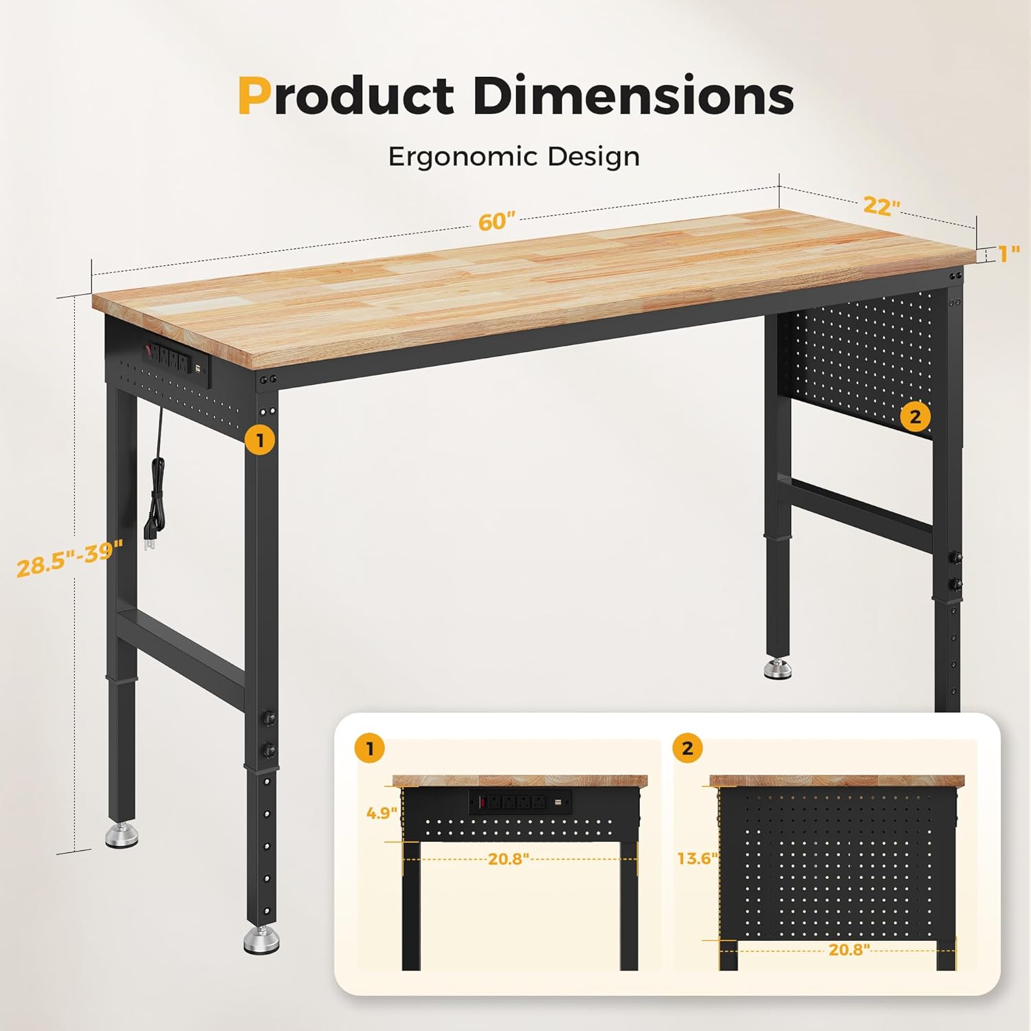 60" Adjustable Heavy Duty Workbench, 2000 LBS Load Capacity Rubber Wood Work Table with Pegboard, Power Outlets, Work Bench for Garage, Workshop, Office, Home, Commercial - Image 8