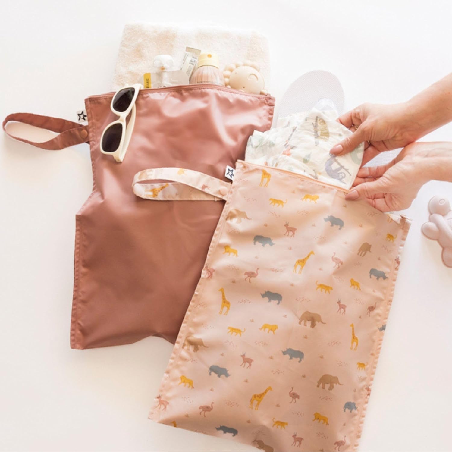 tiny twinkle mess proof wet bags | 2-pack reusable waterproof wet bags for swimsuits | baby clothes | travel & diaper bag (petite safari) 2 pack petite safari