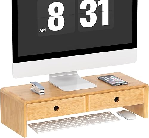 Ufine Soporte elevador de bambú para monitor con 2 cajones, 19.7 x 7.8 x 5.1 pulgadas, color natural