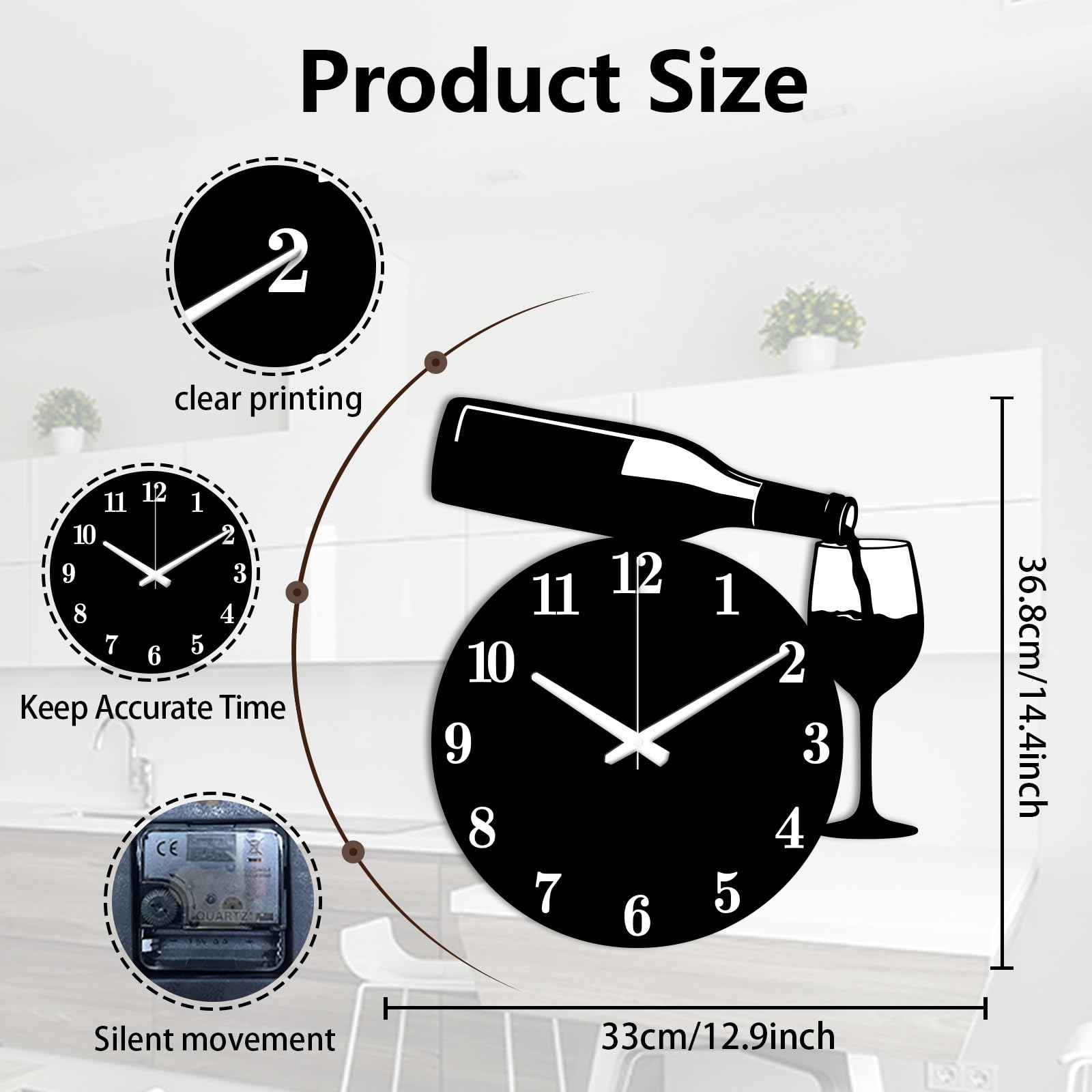 Reloj de pared con copa de vino tinto irregular de 36 x 32 cm