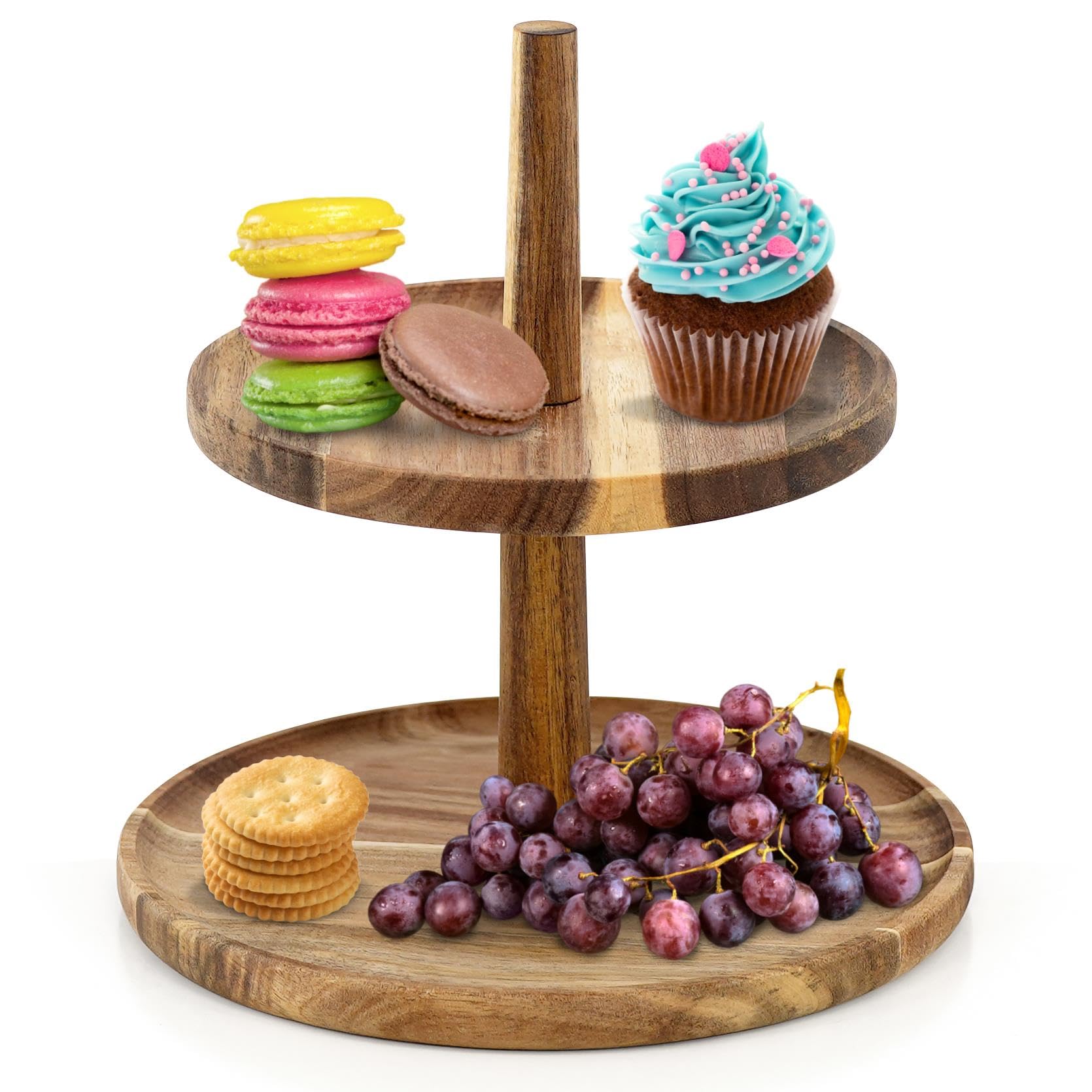 Geezy Brown 2-Tier Wooden Cake Stand For Afternoon Tea, Serving Platter And Food Display