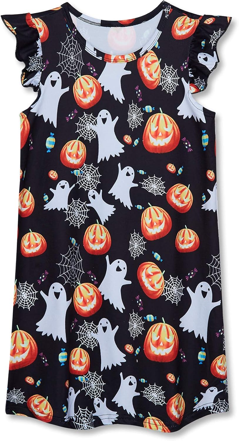 Funnycokid Girls Nightgowns Pajamas Dress 3D Printed Flutter Sleeve Sleepwear Nightdress Nightshirt for 5-12 Years Halloween Black 5-6 Years