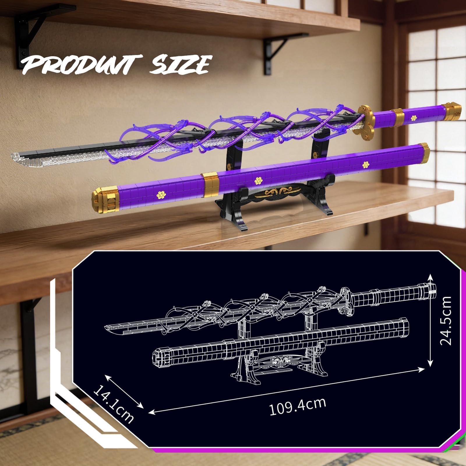 Mould King 10260 Kit modello spada samurai, set da costruzione Katana da 101,6 cm con kit di luci LED integrato e scatola batteria, set da collezione per spada giapponese da 1801 pezzi, con fodero e