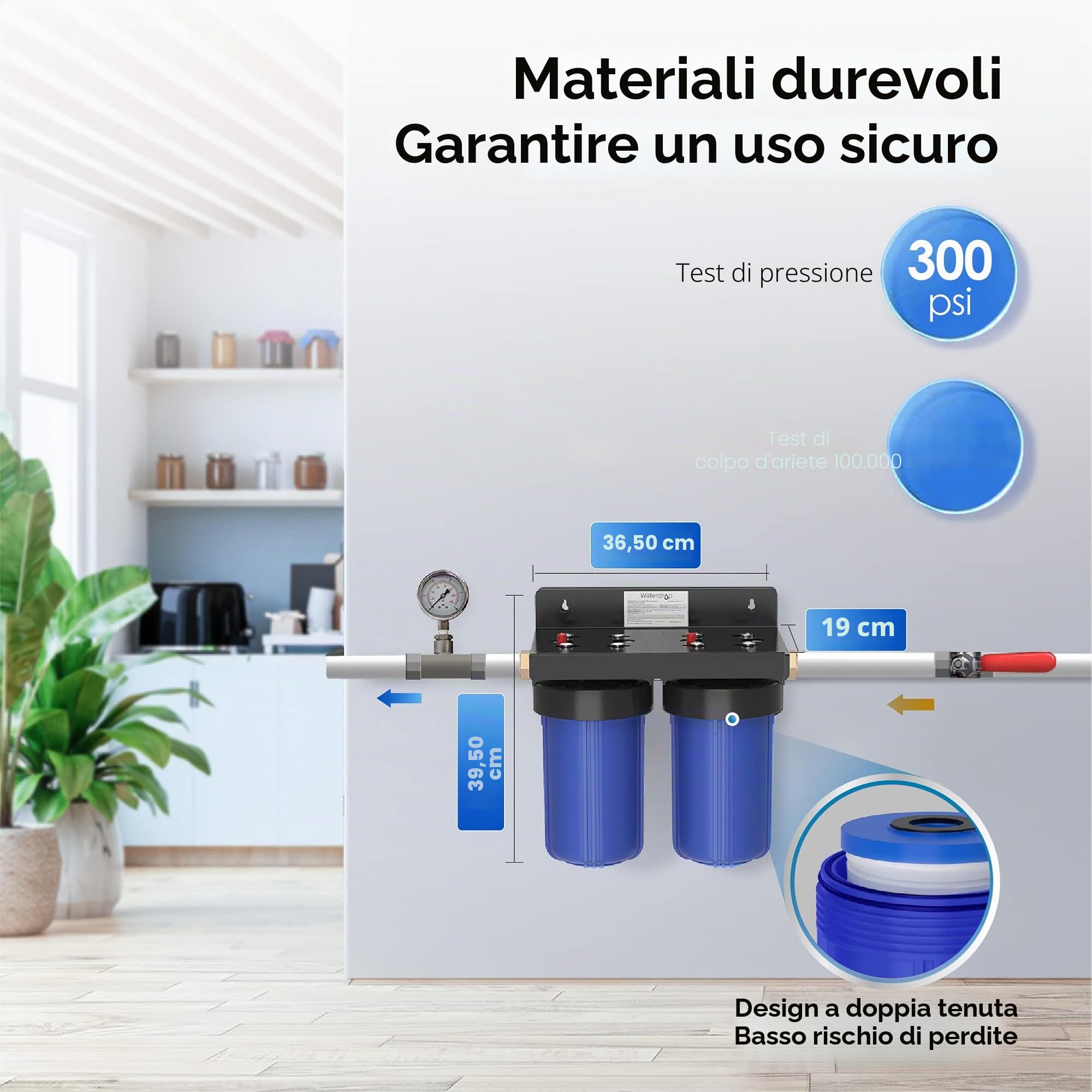 Waterdrop Sistema di Filtraggio dell'Acqua per Tutta la Casa, con Filtro a Carbone e a Sedimenti, Filtraggio a 5 Stadi, Riduzione di Piombo, Cloro, Odori e Sapori, 5 Micron WD-WHF21-PG