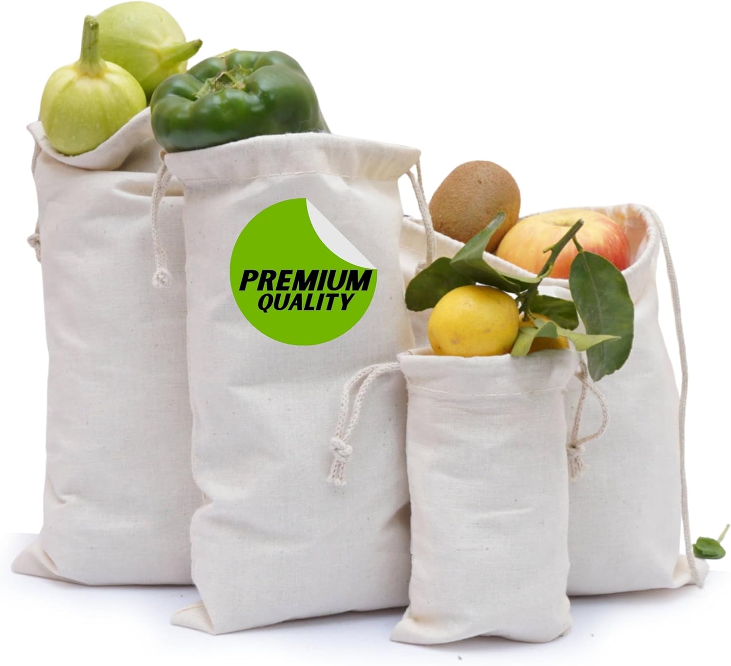 Organic Cotton Muslin Bags with Drawstrings - 100% Natural Cotton Bags, Washable, Biodegradable, Food Safe