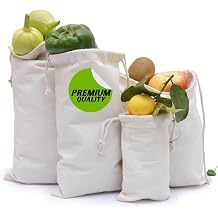 Organic Cotton Muslin Bags with Drawstrings - 100% Natural Cotton Bags, Washable, Biodegradable, Food Safe