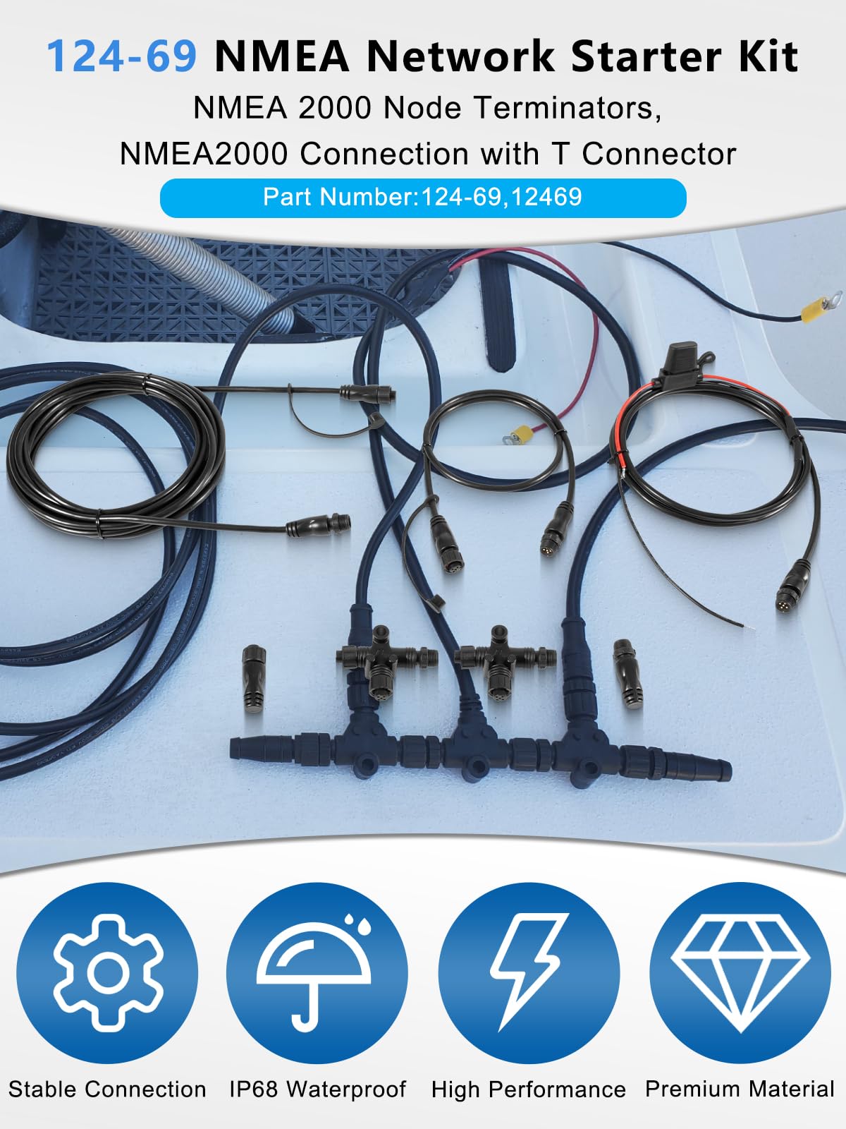 yourour 124-69 NMEA Network Starter Kit,NMEA 2000 Node Terminators, NMEA2000 Connection with T Connector Replace OEM 124-69,Compatible with Lowrance N2K-Exp-Rd-2 Network Starter Kit