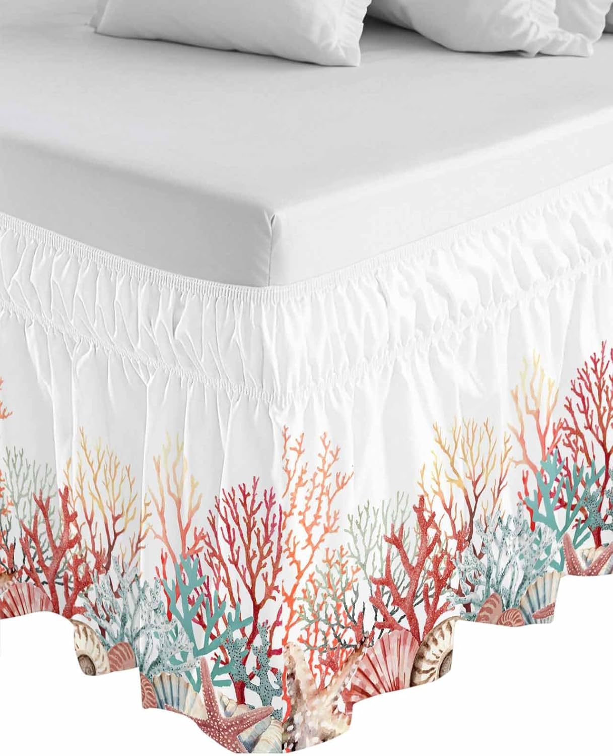 Red Coral Coastal Bed Skirt King Size 16 Inch Drop, Adjustable & Elastic Wrap Around Bed Skirts Pleated Luxury Dust Ruffles for Twin Full Queen Cal King Base Bed, Summer Beach Shells Starfish Ocean