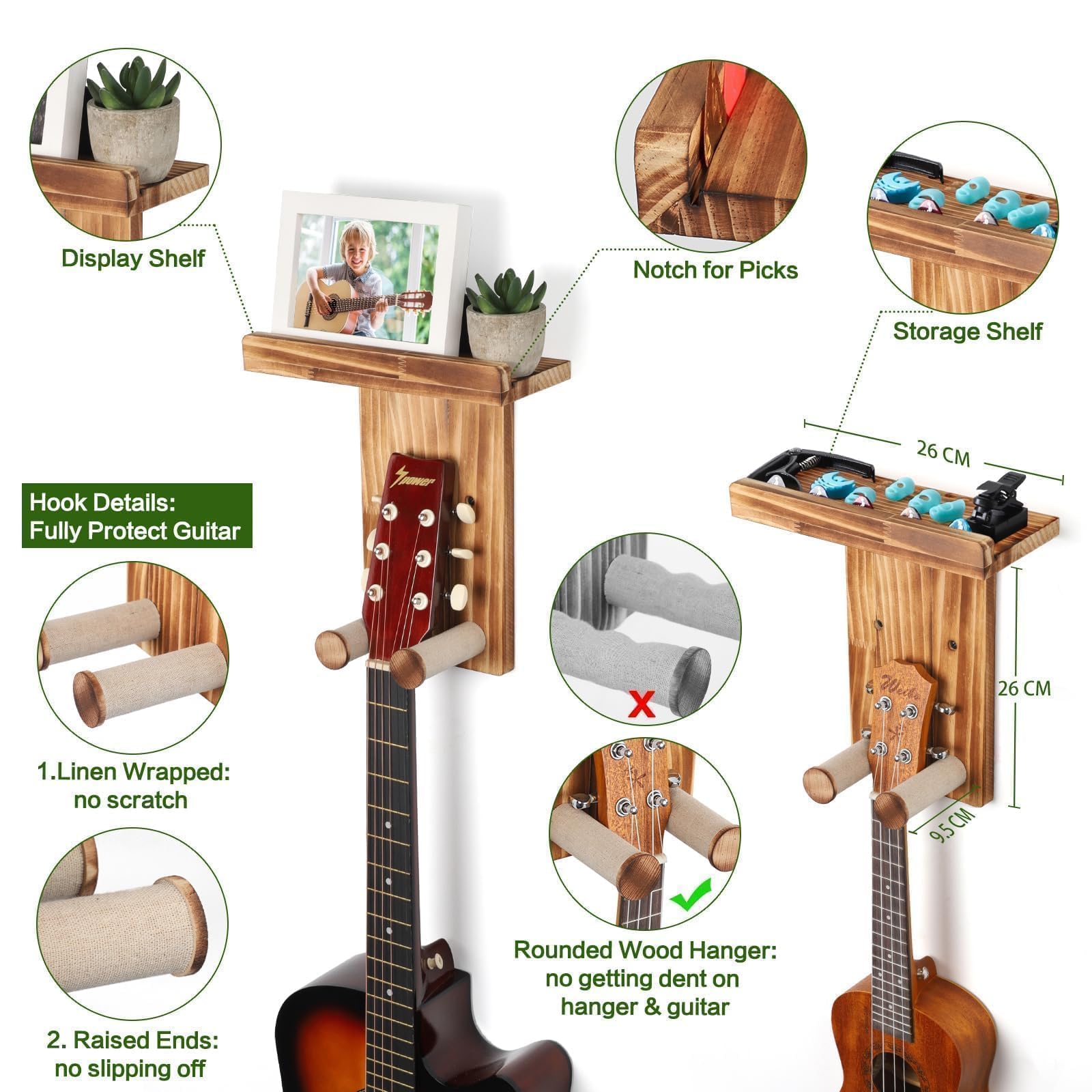 Soporte de Pared para Guitarra Juego de 3 (Marrón) | Colgador para Guitarra Acústica, Española, Bajo Eléctrico, Guitarra Eléctrica y Ukelele