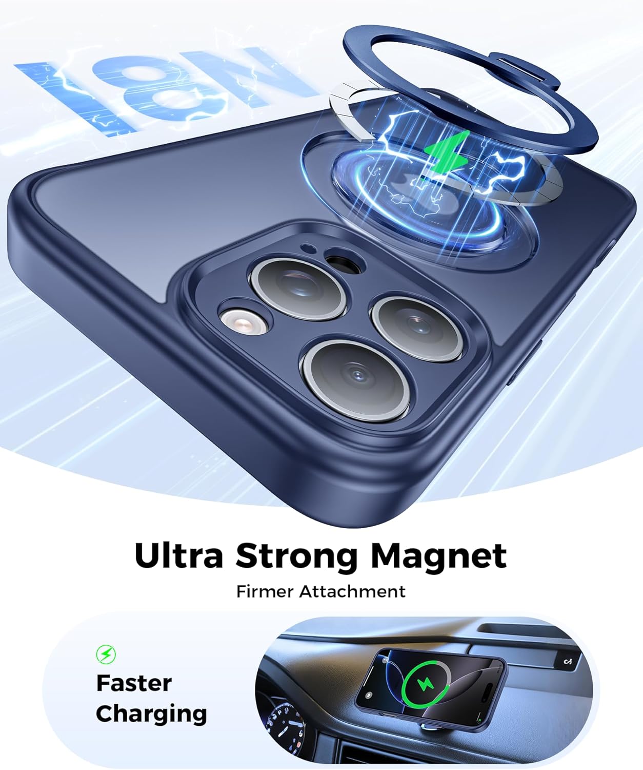 (360° Spin Magnetic Stand for iPhone 16 Pro Max Case, (Compatible with MagSafe) (18FT Military Protection) Case for iPhone 16 Pro Max, 6.9 inch, Navy Blue