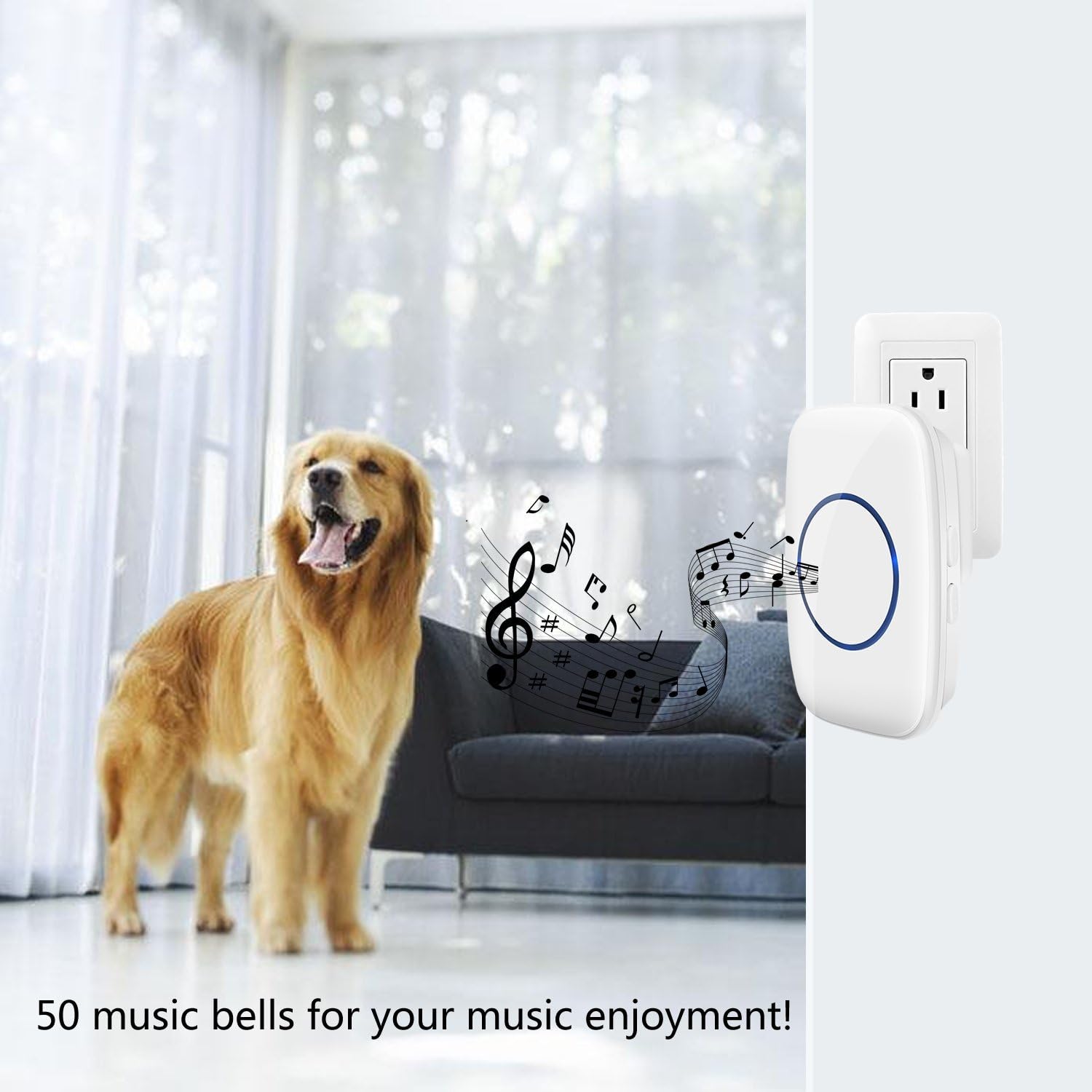 Wireless Doorbell Waterproof Door Bell with 2 Plug-in Receivers with 1 Remote Button Receivers Operating at over 500-feet Range with Over 50 Chimes£¨Battery included£©White