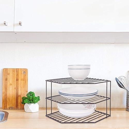 Vista 6 de AKAZA Estante esquinero de 3 niveles y organizador de gabinete, estante de almacenamiento de gabinete, estantes, encimera de cocina y estante