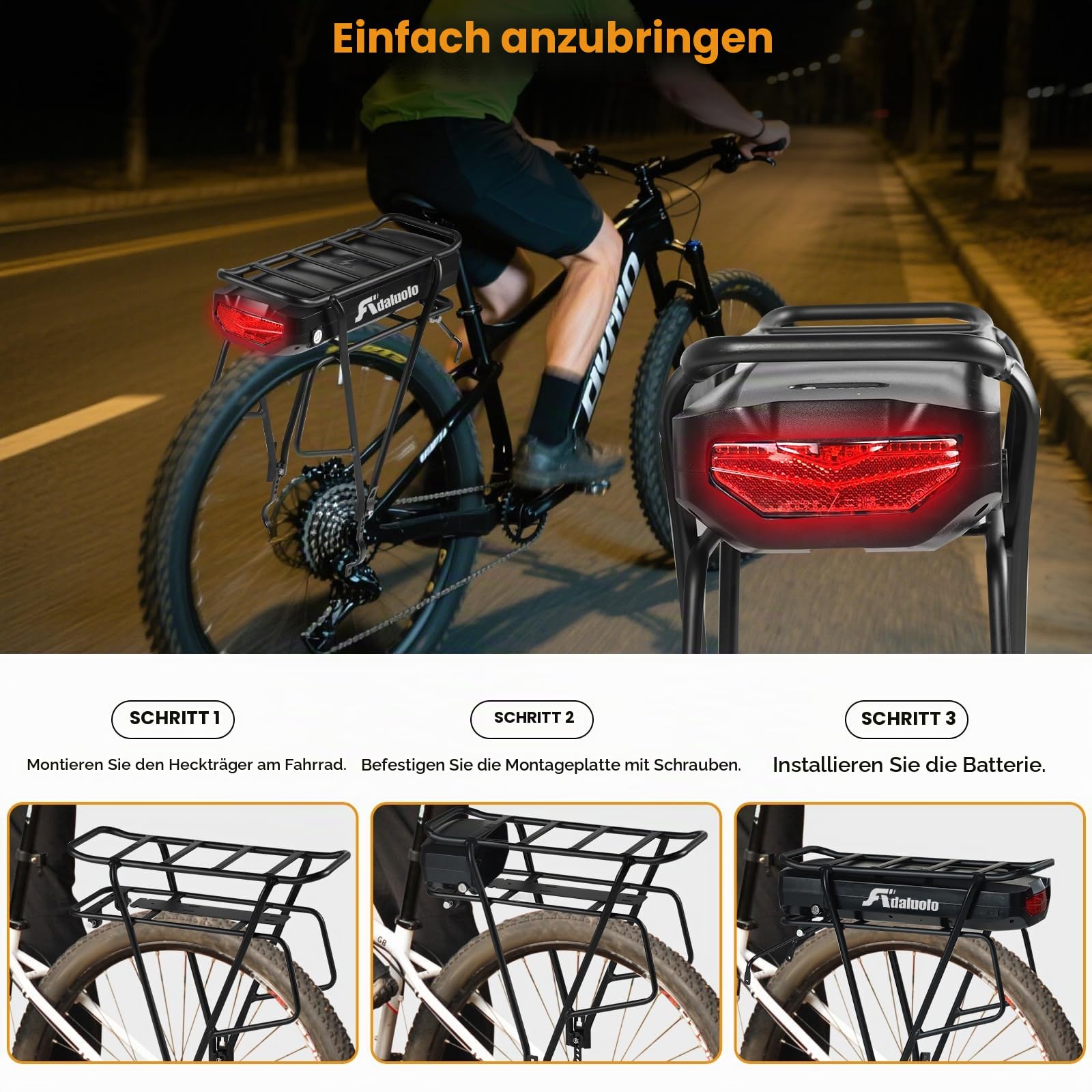Gepäckträger Ebike-Akku, 36V 48V 52V 15AH 17.5AH Lithinum-Ionen Ebike Batterie Pedelec Akku mit Ladegerät, Rücklicht, Safe Lock für Elektrofahrrad