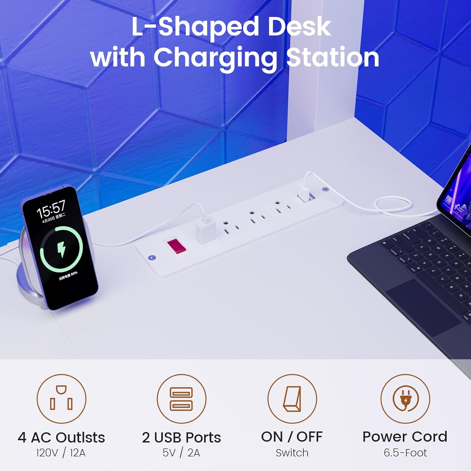 Itaar Twin Loft Bed with L-Shaped Desk and 8 Storage Drawers, Metal Kids Loft Bed Twin with Led Lights & Charging Sation, Hall Tree, Safety Guard & Ladder, No Box Spring Needed, White