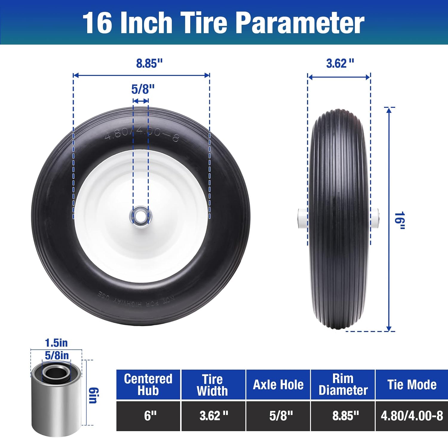 16" 4.80/4.00-8 Flat Free Solid Polyurethane Tire and Wheel, 1 Pack PU Airless Tires with 5/8" Ball Bearings 6" Iron Hub for Wheelbarrow/Hand Truck/Tool Cart/Garden Carts, 1 Pc