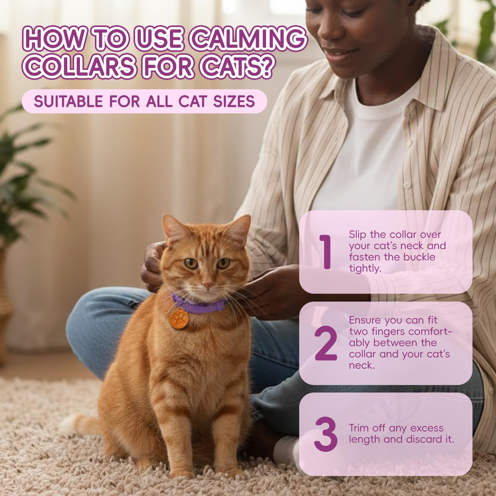 Calming Collars for Cats, 4 Packs Adjustable Calming Cat Collar with Pheromone Scent, with Yellow Gold Pendants, 120 Days Calm Relief for Anxious Cats, 15 Inch, Purple - image 4
