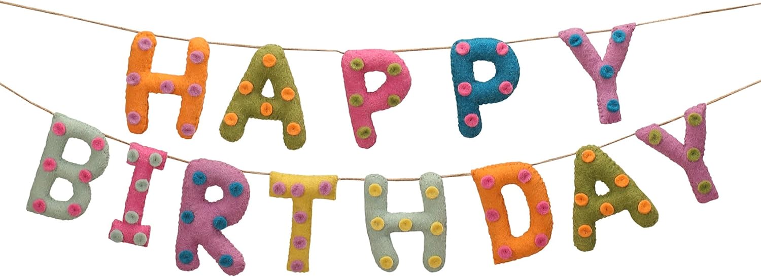 Folkulture Happy Birthday Garland | 72 Inches Outdoor Wool Felt Ball Garlands | Party Garland for Wall Décor | Easy to Hang Happy Birthday Banner for Boho Décor | Garlands for Party Decor