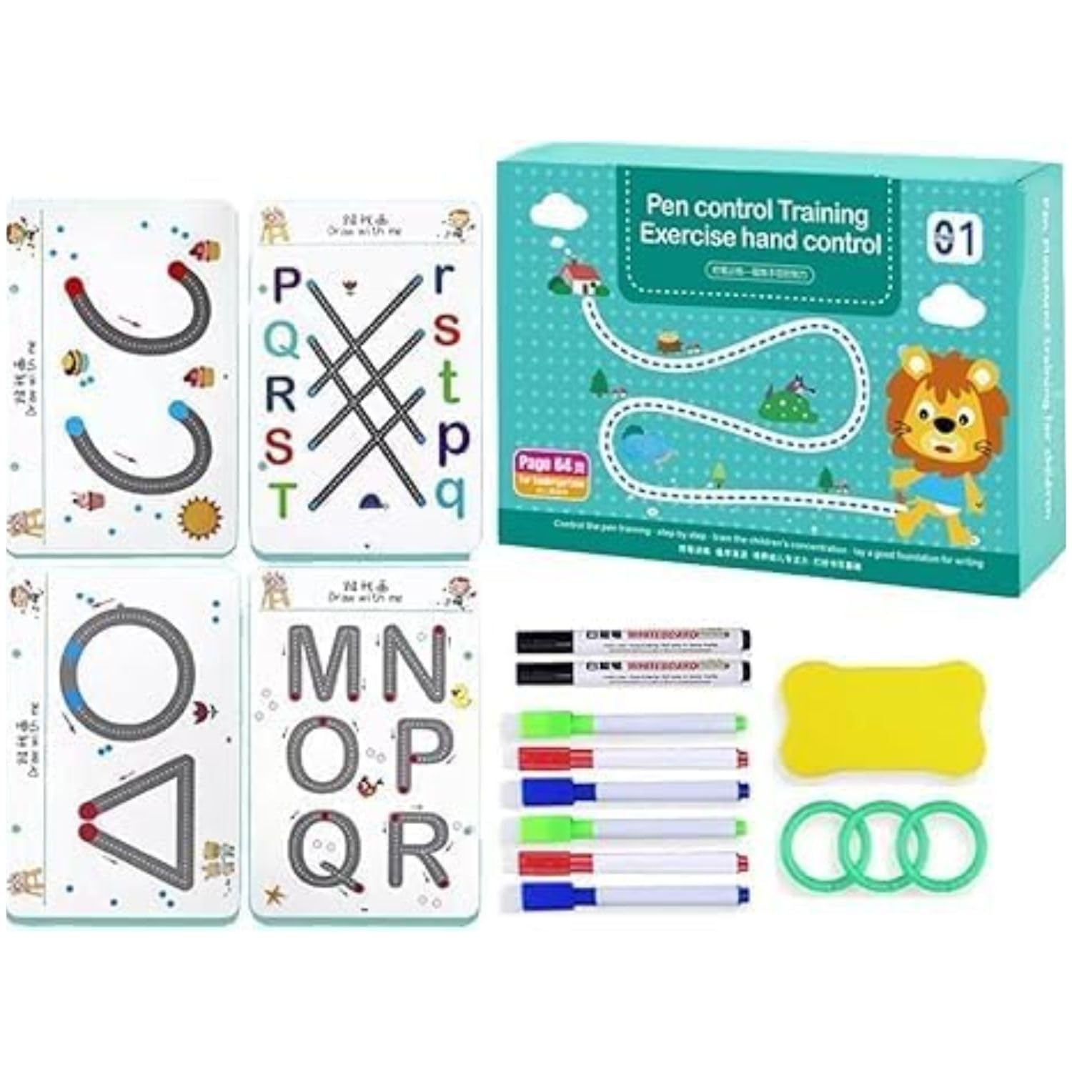 Veemok 64 Pages Magical Tracing Workbook Set, Hand Writing Pen Control Training Book for Learning to Write The Alphabets | Numbers, Preschool Educational Reusable Learning Book for Kids (Blue)-image-32