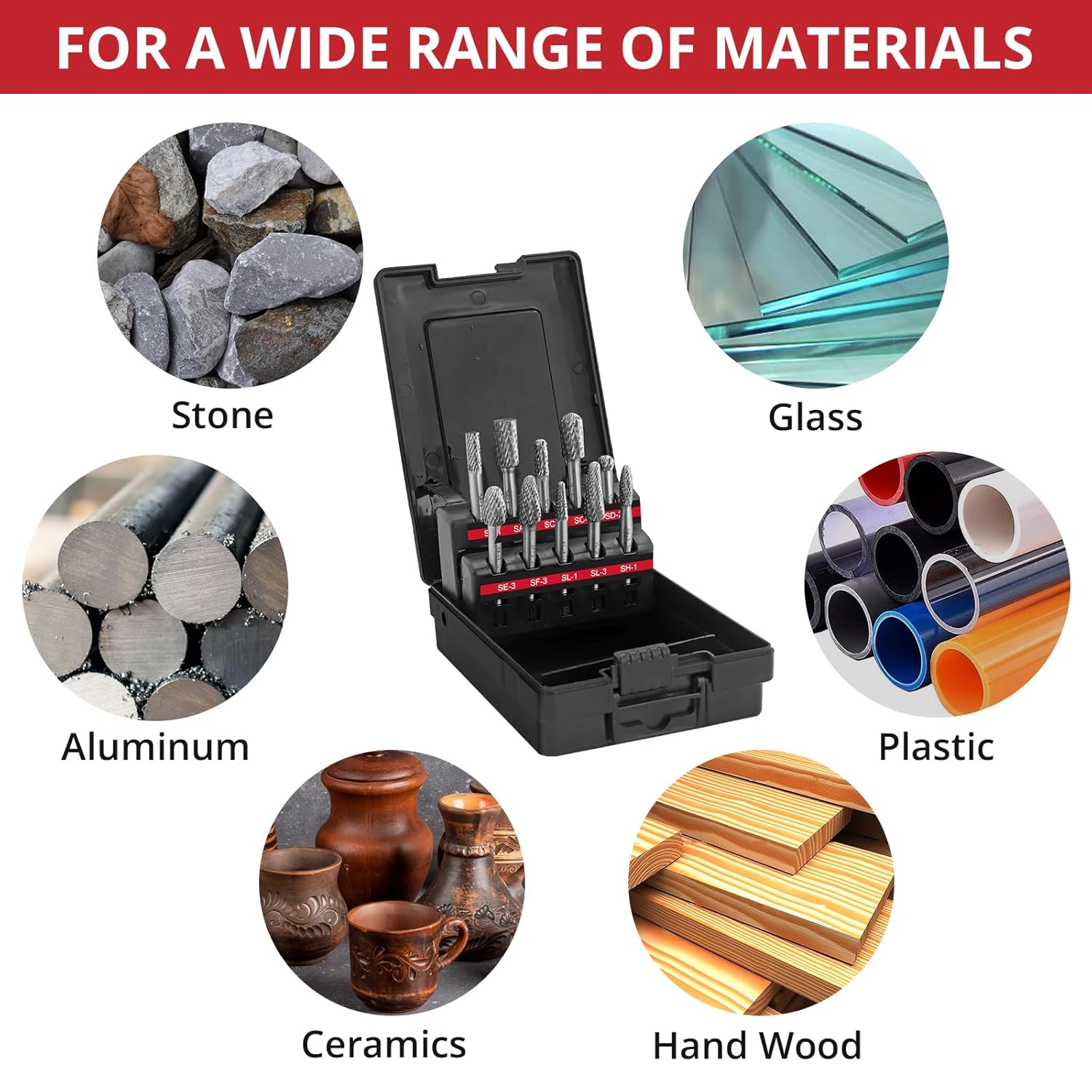 JUSTOOL 10PC Carbide Burr Set 1/4" 6mm Shank Double Cut Die Grinder Bits Tungsten Rotary Cutting Burrs Carbide Drill Bit Set for Milling, Carving, Engraving, Deburring, Drilling, Hard Wood and Metals