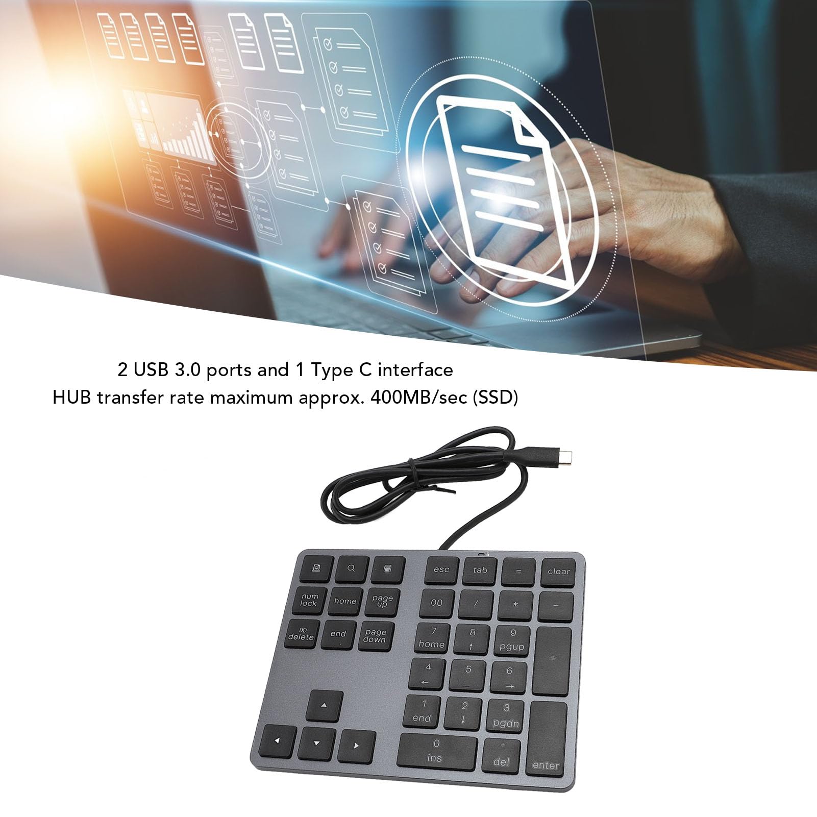 Tastierino Numerico Cablato Tastiera Esterna Sottile per Laptop e PC Desktop 34 Tasti Hub di Input Dati Efficiente USB C
