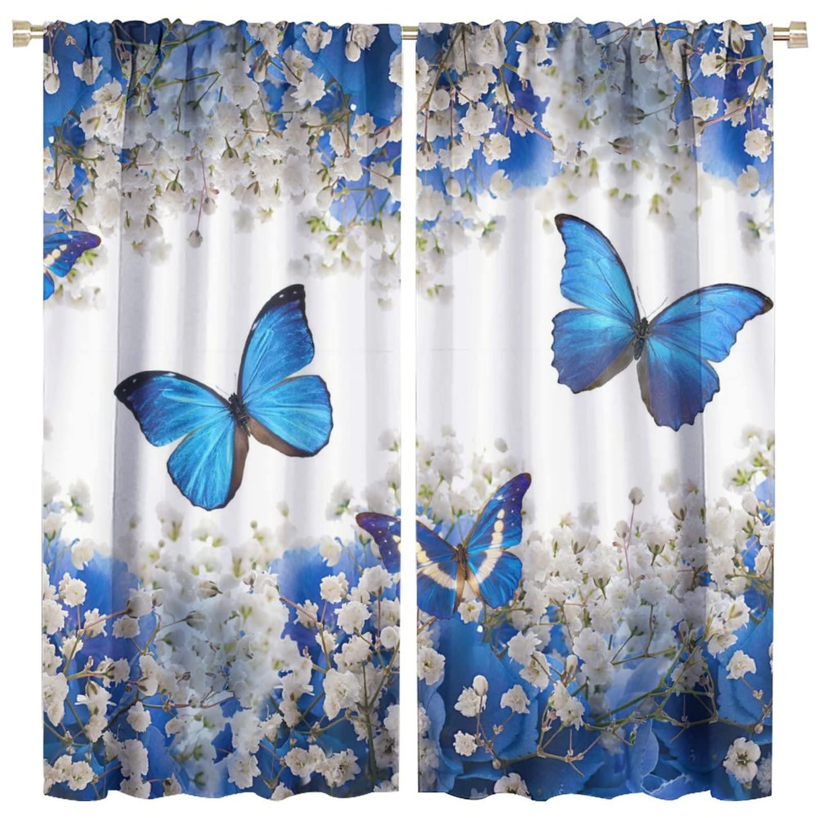 GoDazzling Butterfly Blackout Window Curtains, Blue Butterfly Flowers Romantic Floral Window Decorative, for Living Room Bedroom 21(W)*54(L) 2 Panels