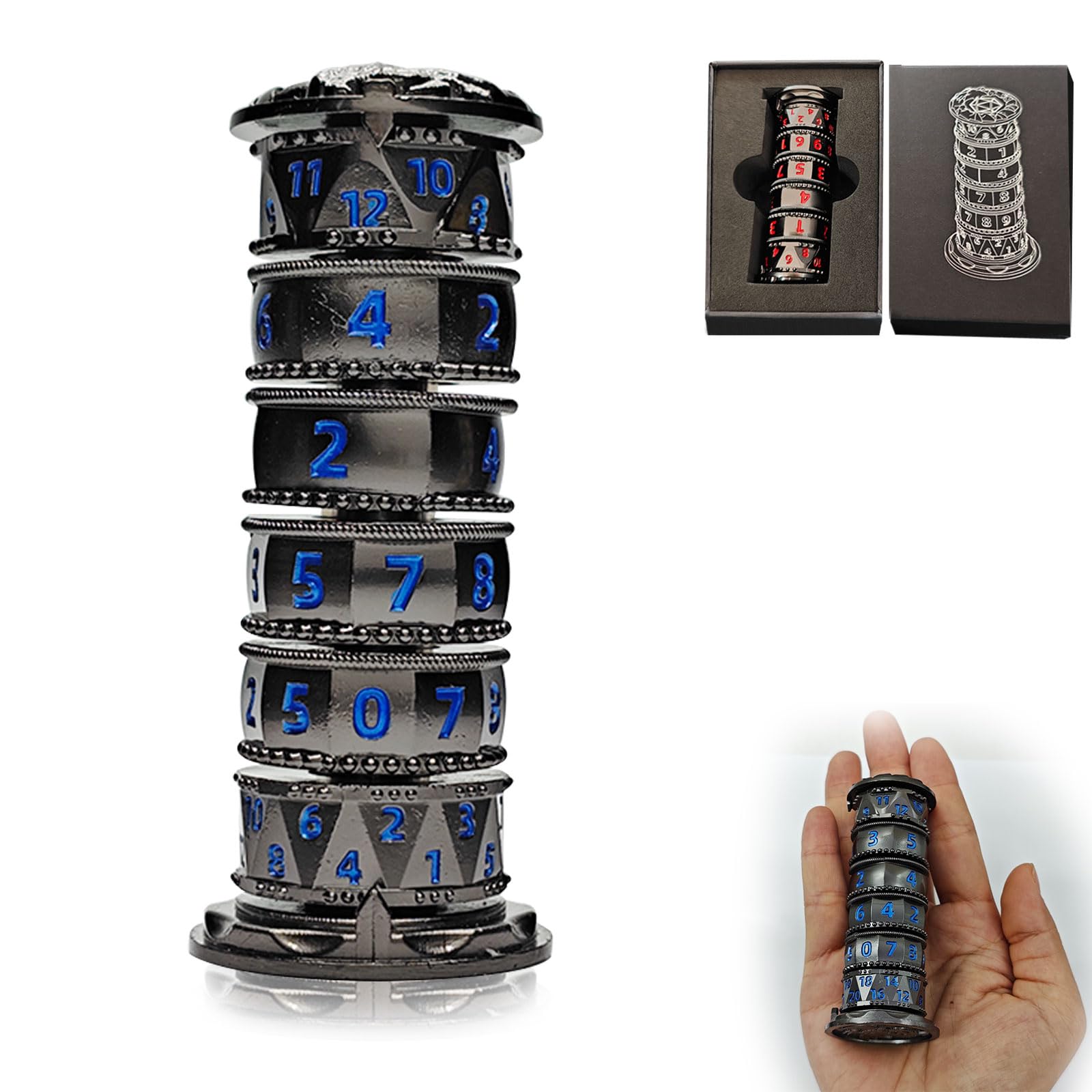 Dragonstone Keep Roulette Dice Spinner 7 en 1 – Jeu de dés DND Dragon en métal avec étui cadeau pour DND, RPG et jeux de table (noir et rouge