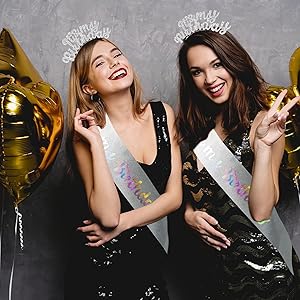 BAHABY It's My Birthday Sash & Headband Set, Silver - Hairband Accessory for Women Celebrating Their Birthday, 2 Pieces Included