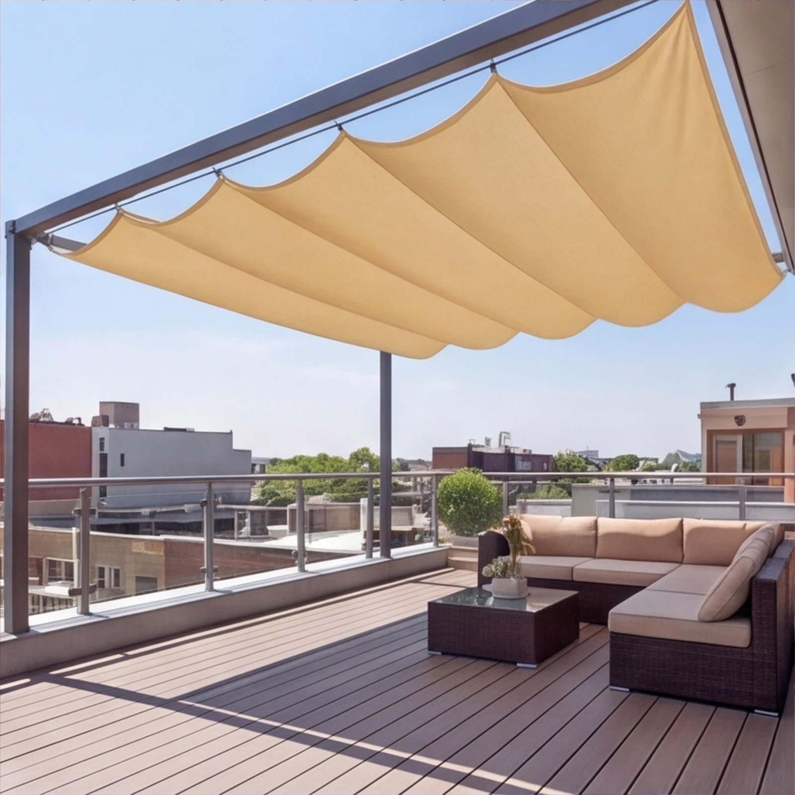 Wysuwany żagiel przeciwsłoneczny 90 x 350 cm, HDPE, szyta na miarę, ochrona przed promieniowaniem UV, ochrona przed słońcem, wodoszczelny, na taras, pergolę, do ogrodu, piaskowożółty