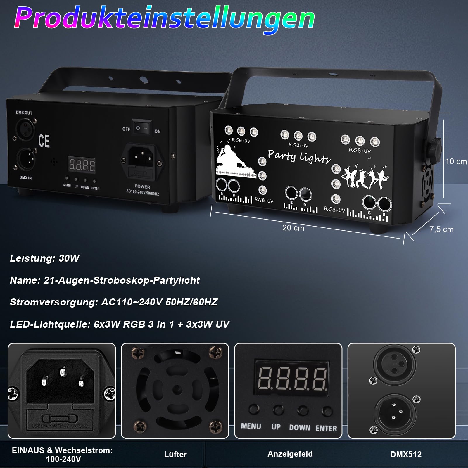 Fwiull Luce da discoteca per feste con telecomando, DMX controllata dalla musica, luce stroboscopica, proiettore DJ, luci LED RGB per Halloween, Natale, club (WRSL23)