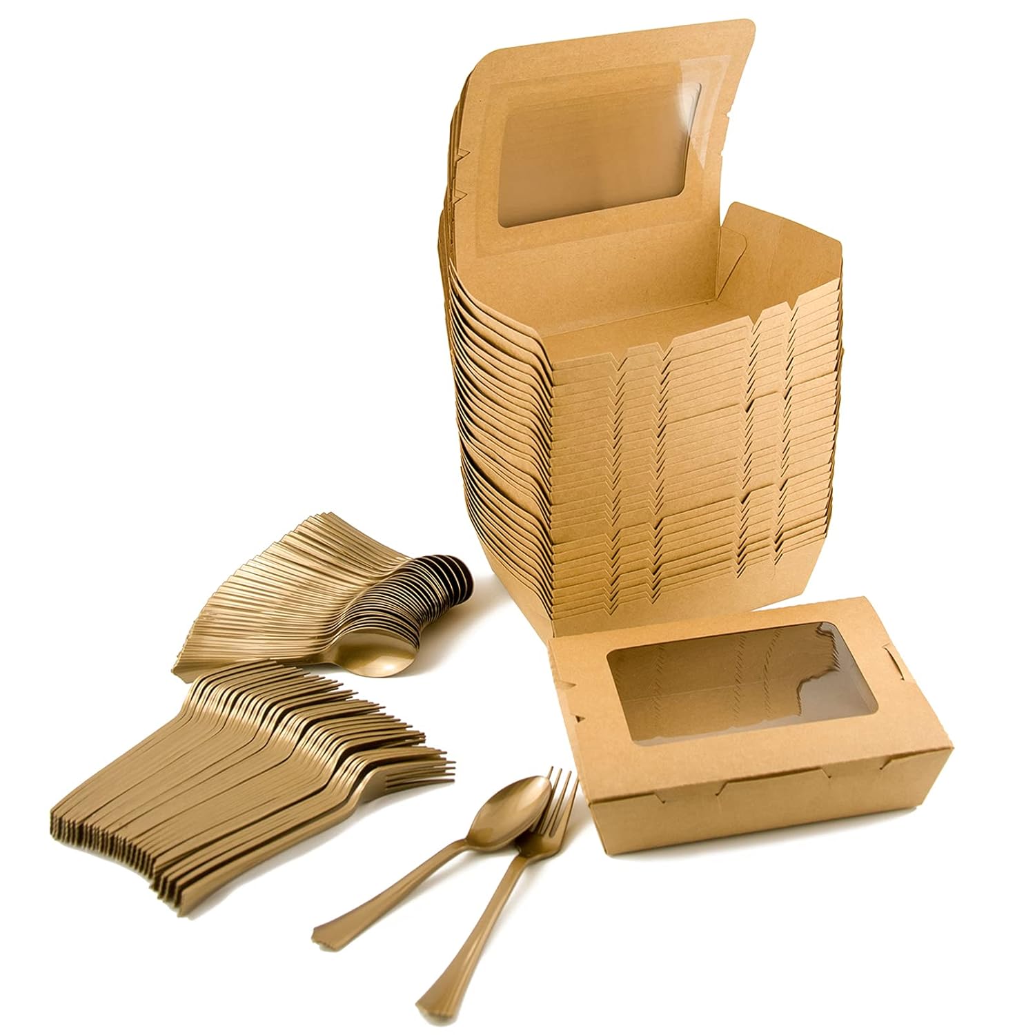 Take Out Food Containers Kraft Brown Take Out Boxes 40oz/30Pack With knives Spoons,Disposable Food Containers with 18PE film Leak&Grease Resistant-To Go Box Containers with Transparent Window for Food