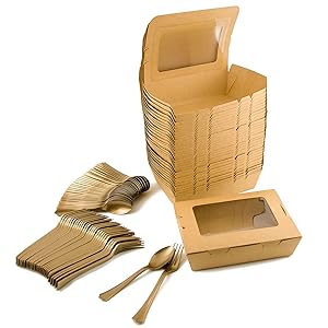 Take Out Food Containers Kraft Brown Take Out Boxes 40oz/30Pack With knives Spoons,Disposable Food Containers with 18PE film Leak&Grease Resistant-To Go Box Containers with Transparent Window for Food