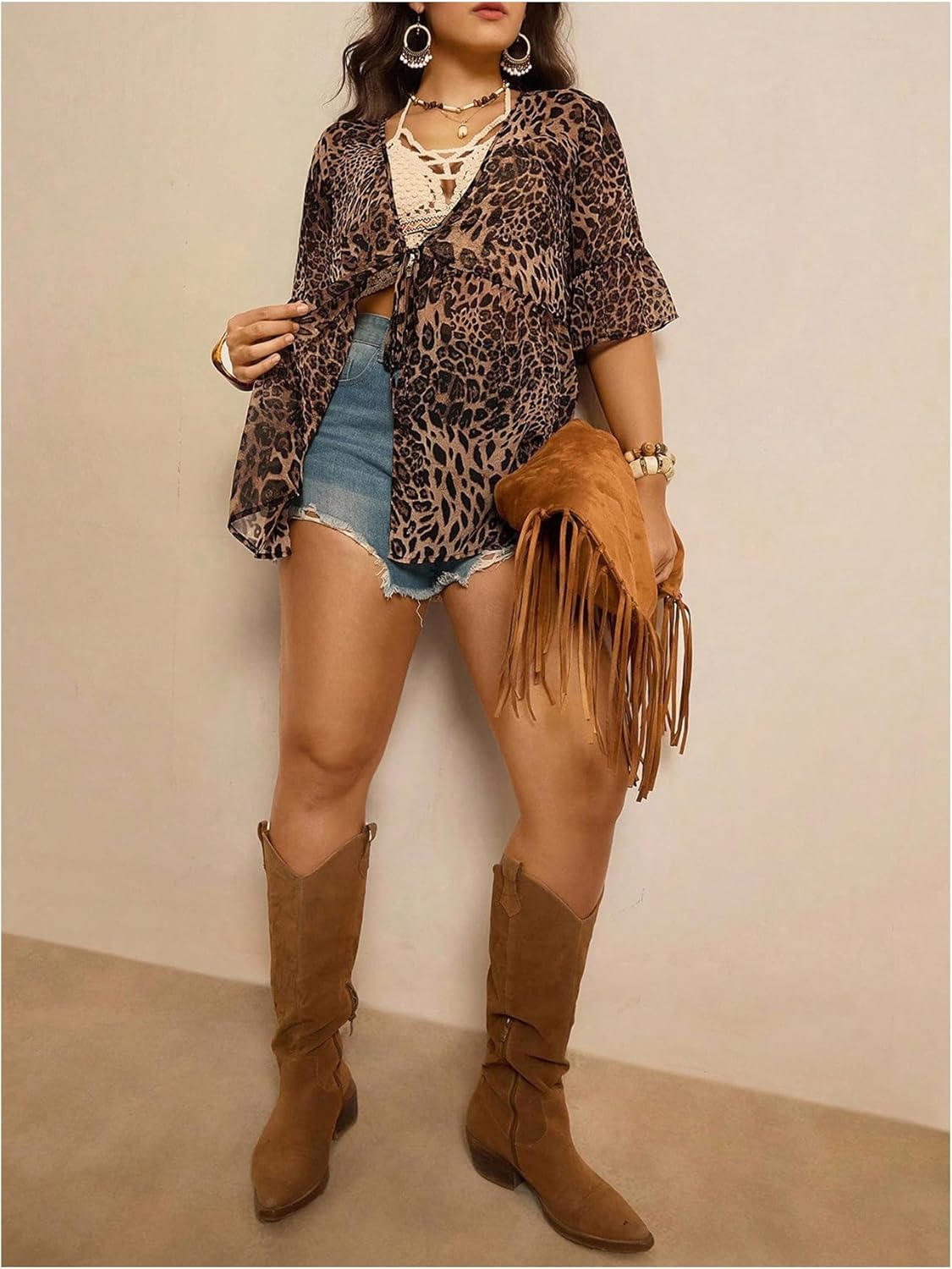 WDIRARA Women's Plus Size Leopard Cover Up Tops V Neck Tie Front Ruffle Kimono Beach Coverups - Image 6