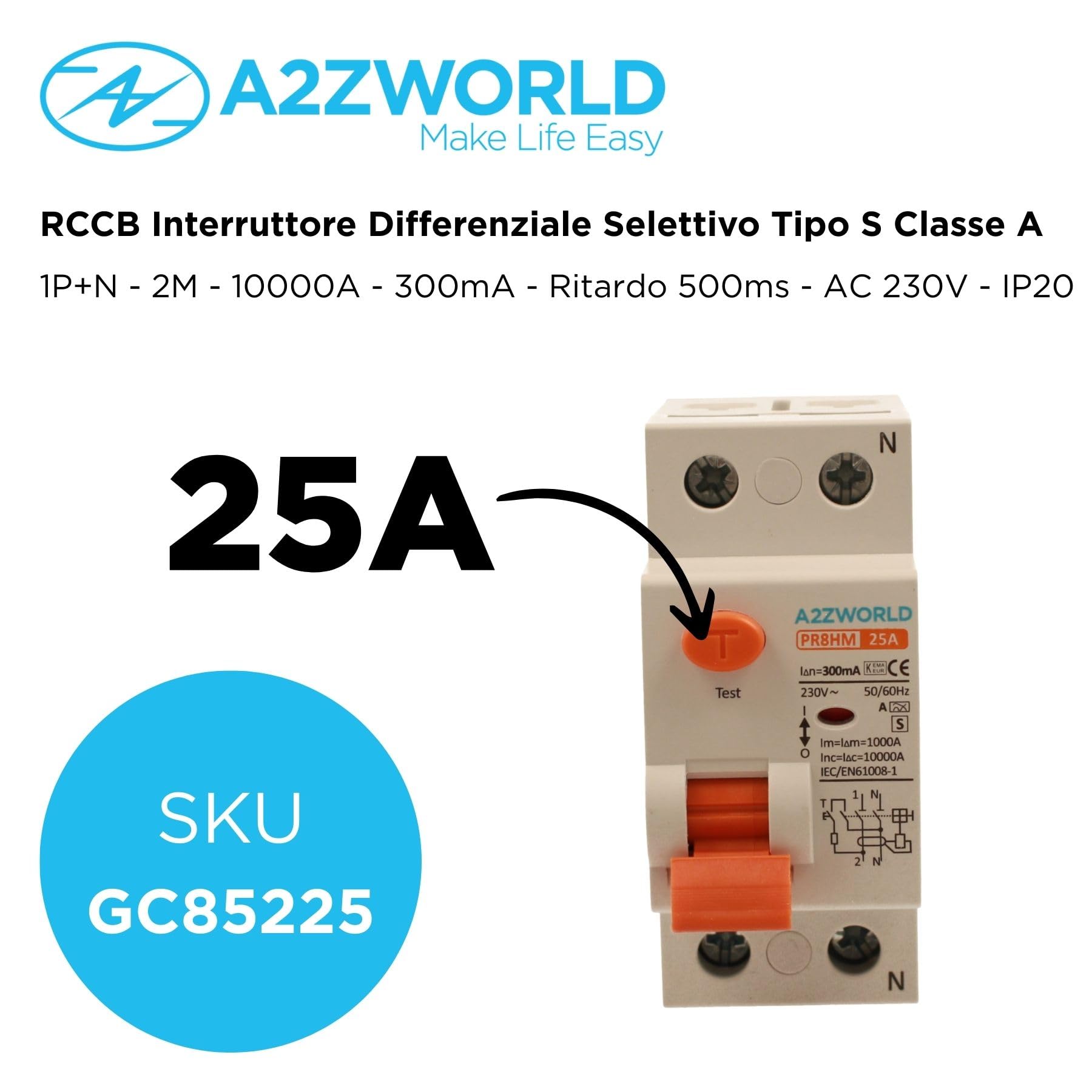 Interrupteur différentiel pur sélectif 25A, RCCB Type S Classe A, 1P+N 10 kA 300 mA, retard 500 ms, 2 modules DIN 230 V AC, certifié IEC61008-1, série PR8HM électromagnétique
