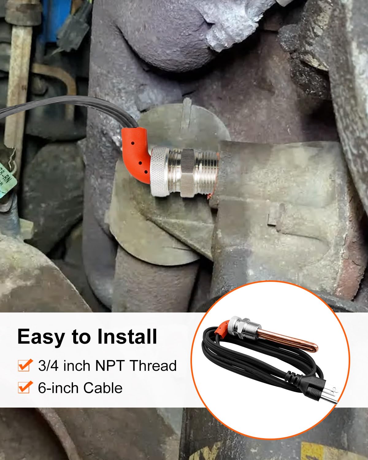 Replace 3500043 Engine Block Heater, Engine Block Immersion Heater Fits for Ford 7.3L Lincoln Mercury Detroit Diesel International Caterpillar Hino Mack Nissan, 3/4" NPT Thread 120V 1000W