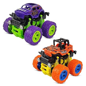 NHR 4WD Mini Monster Trucks Friction Powered Cars for Kids Big Rubber Tires Baby Boys Super Cars Blaze Truck Children Gifts Toys (Set of 2, Multicolor)