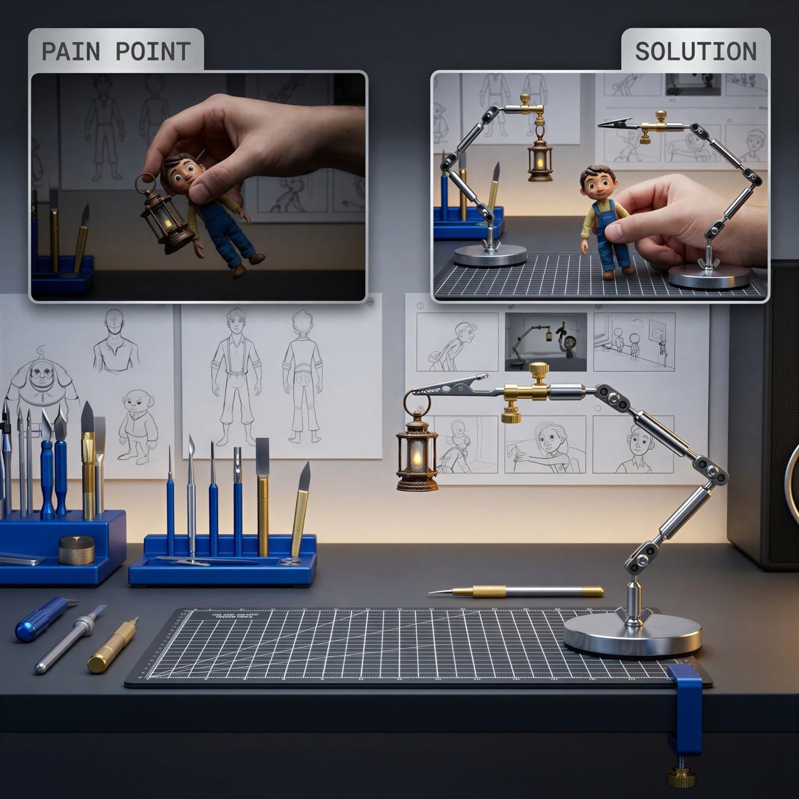 Armatura Stop Motion, braccio di perforazione fai da te con base da 3.1 in / 7,9 cm, sistema di sartiame pronto da montare, morsetti regolabili e chiave a L, per supporto di pupazzi e riprese di