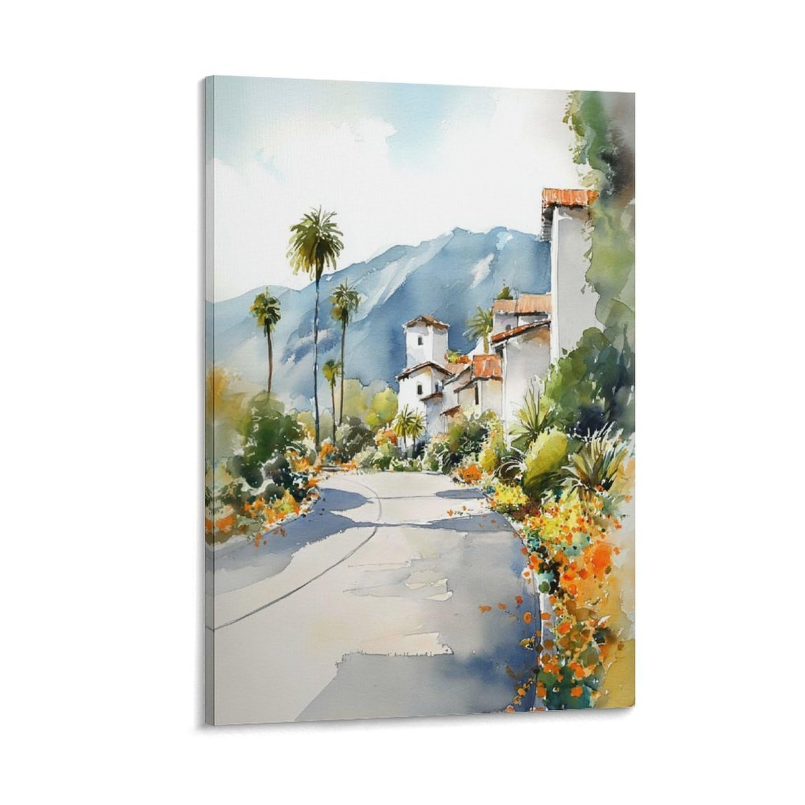 Cnaheiz Frame-Style Santa Barbara Watercolor Painting_ Mid-Century Modern California 20X30inch(50X75cm) Vintage Watercolor Canvas Art