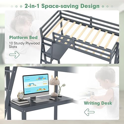 Miniatura 5 de Giantex Cama tipo loft de tamaño individual con escritorio, cama alta de madera maciza con 2 escaleras y barandilla de longitud completa, marco de
