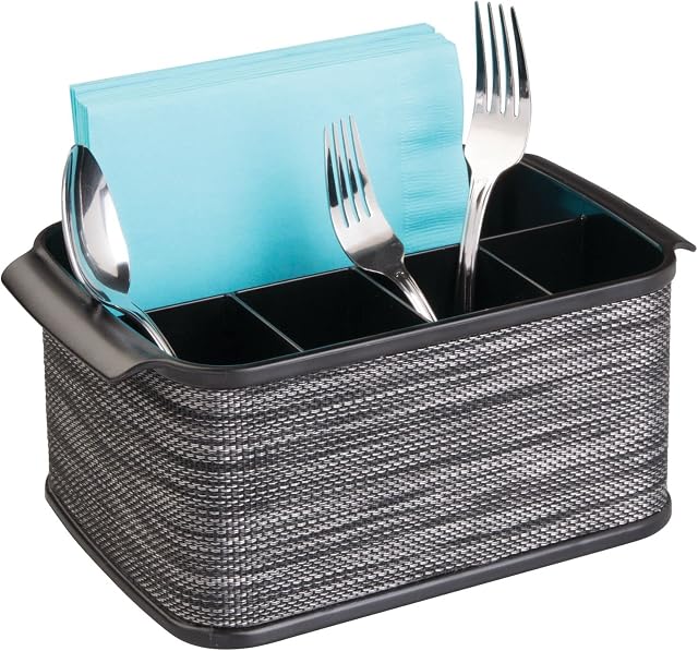 mDesign Cutlery Holder with Handles - Decorative Cutlery Basket for Kitchen, Garden or Picnic - Storage Box with Large Compartments - Black