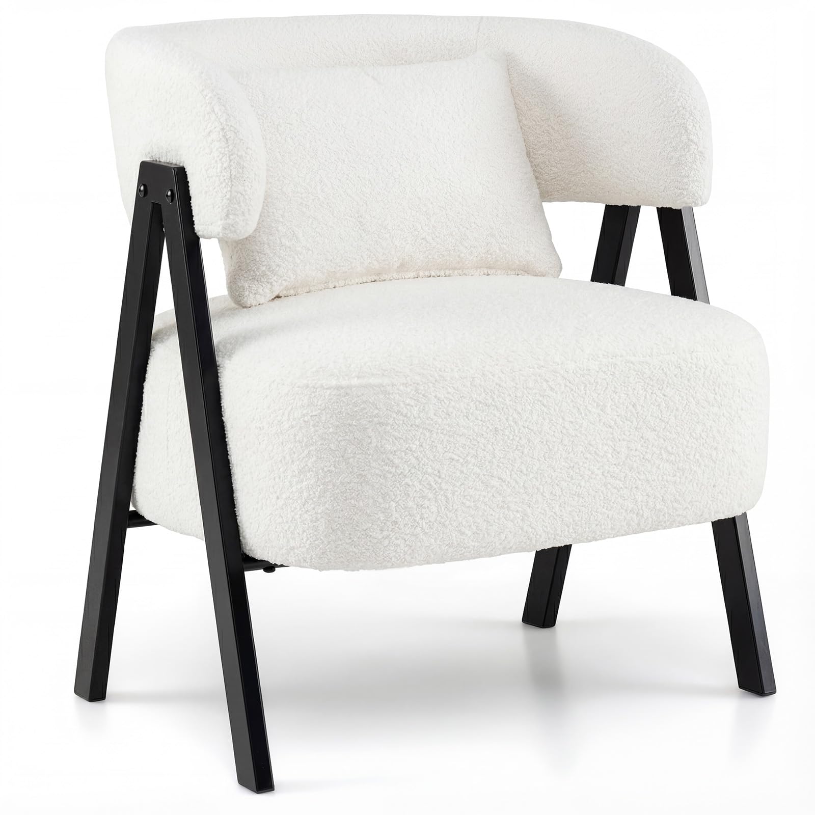COSTWAY Butaca de Salón Tapizado en Imitación Conejo Suave, Sillón con Cojín Lumbar y Patas de Metal, Silla Estilo Escandinavo para Lectura, Sofá Individual de Ocio para Salón, Dormitorio (Blanco)