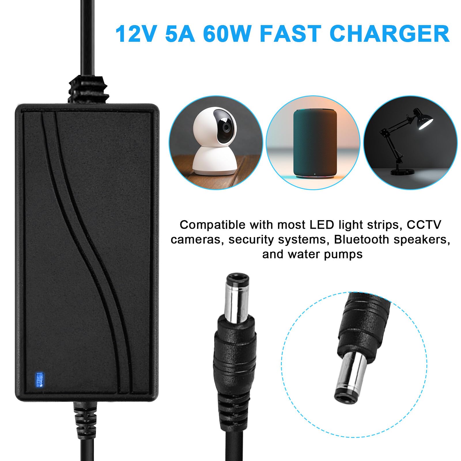 12 V 5 A adapter zasilacza: transformator LED 60 W zasilacz sieciowy adapter AC 110-240 V do DC 12 V 5 A przetwornica napięcia transformator do taśm LED, routerów, głośników, telewizorów LCD, kamer