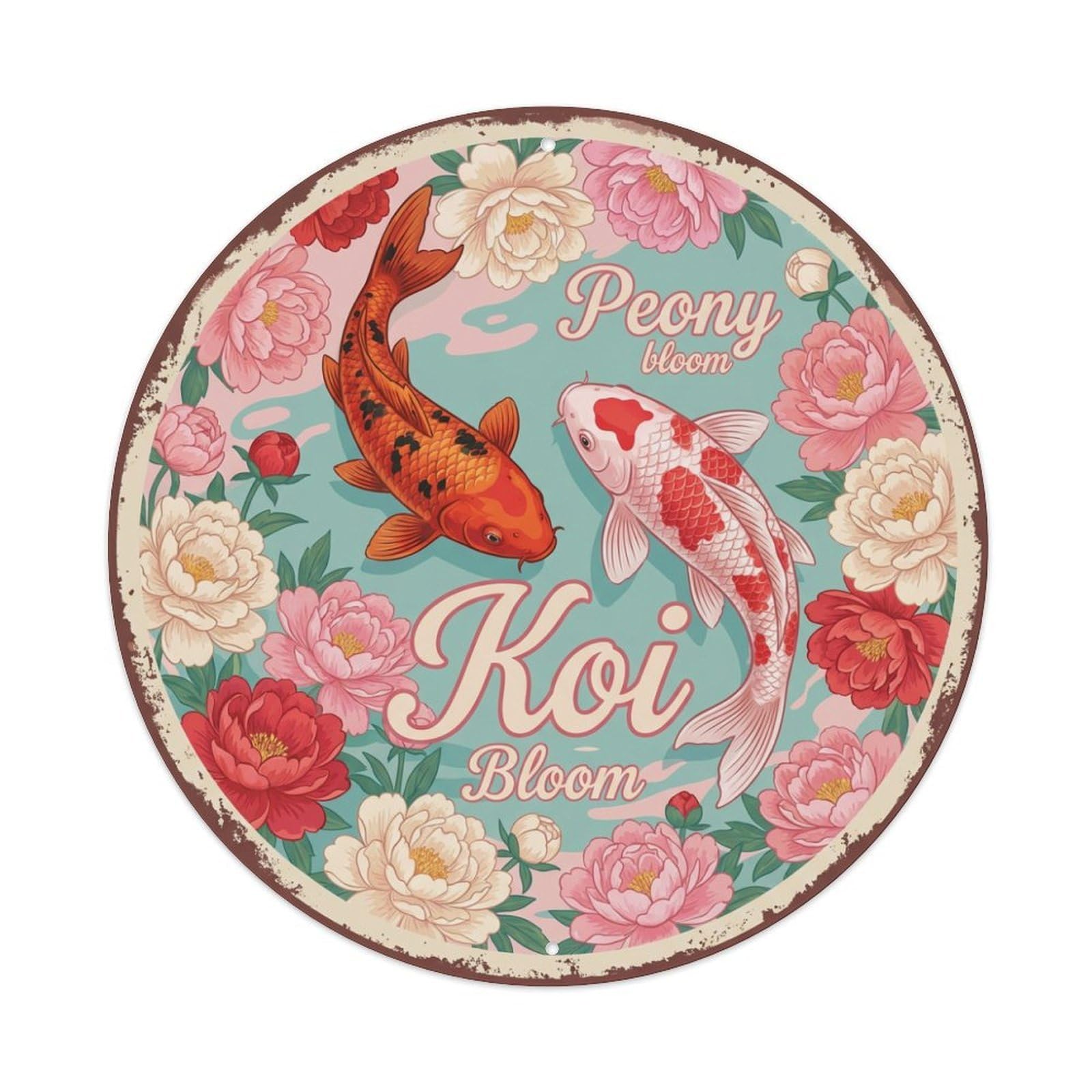 Metal Tin Sign Koi Fish Reflective Vintage Japanese Art